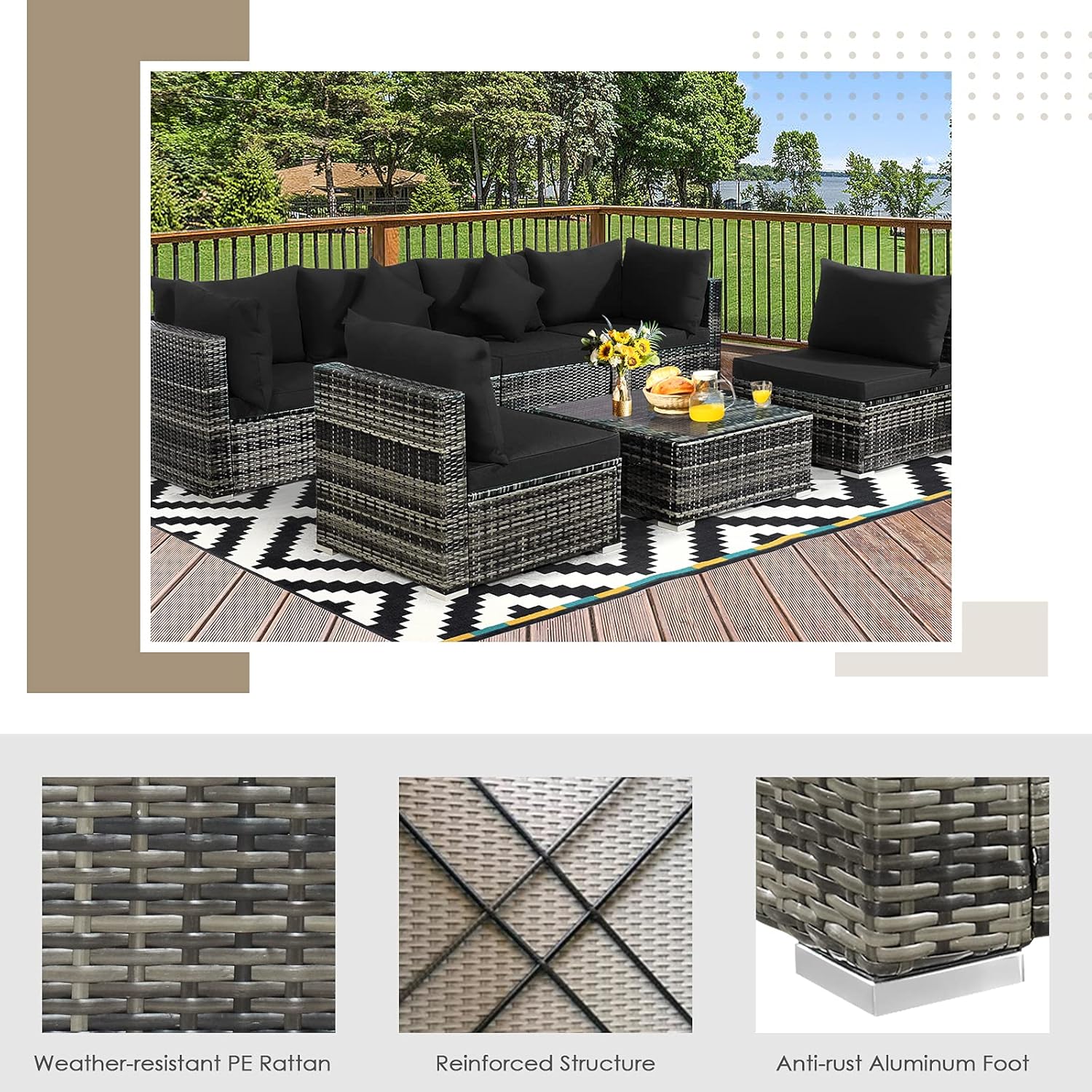 Close-up images showing weather-resistant PE rattan, reinforced steel structure, and anti-rust aluminum foot