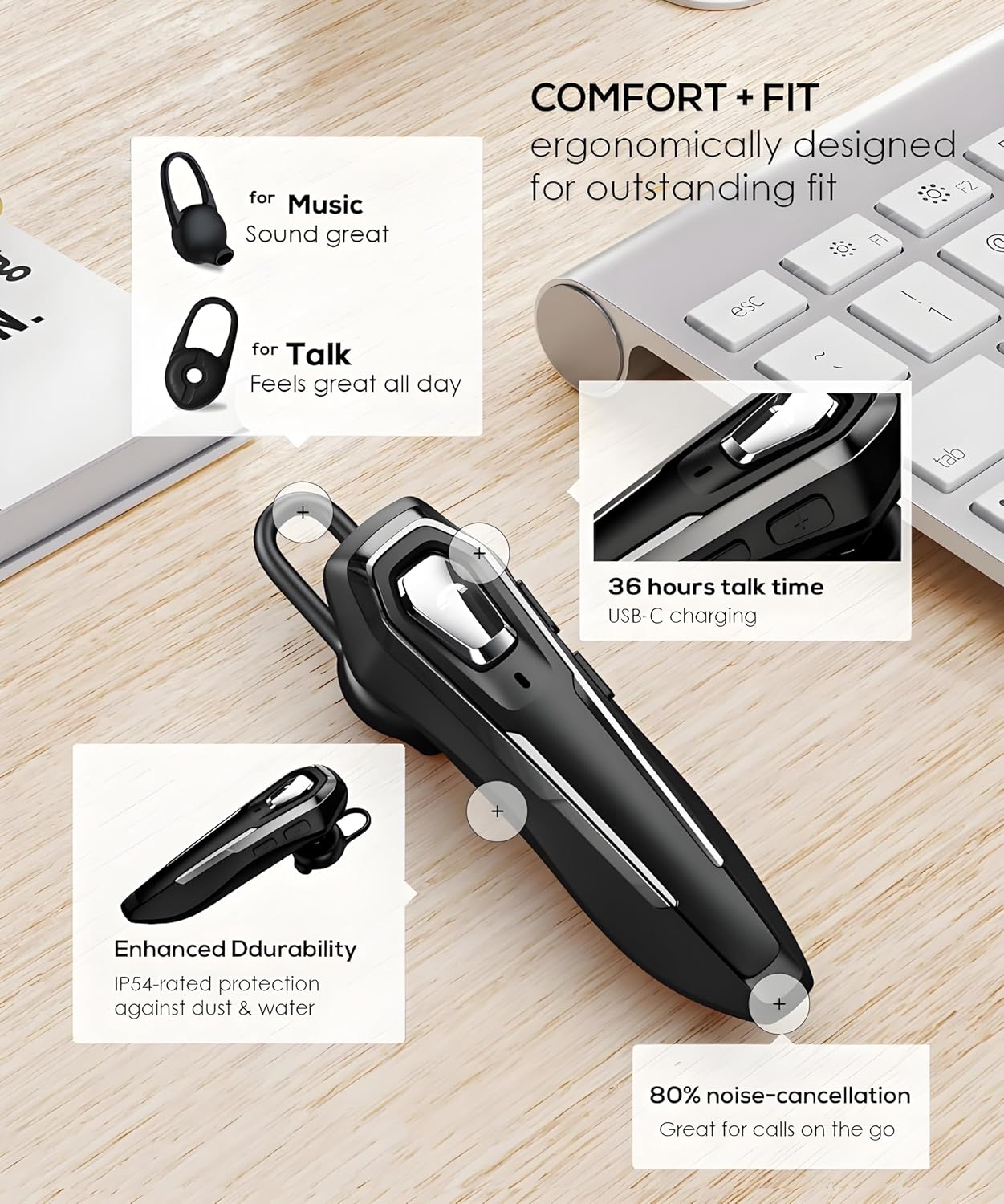 Single Ear Bluetooth Headset for Calls, Wireless Earpiece with Noise Canceling Microphone, 36Hrs Talk Time, Lightweight Hands-Free Headset for Driving/Office, Crystal Clear Calls (Black) - Image 3