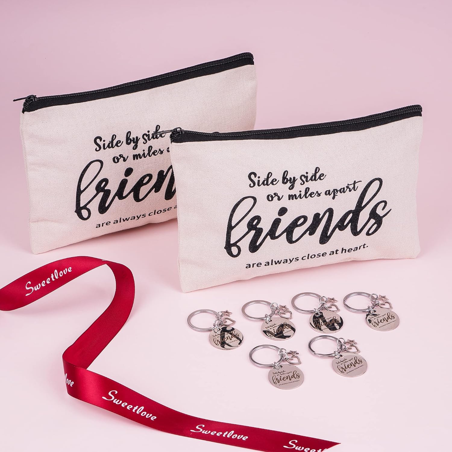 Kolewo4ever 12pc Friend Appreciation Gift Set: 6 Cosmetic Bags & 6 Keychains, White, Letter Print, Zipper Closure, Lightweight, Easy to Clean, Durable, Women Adults, Gift, Travel, Organization - Image 5