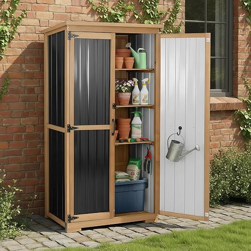 Miniatura 8 de Gabinete de almacenamiento al aire libre impermeable con estantes, pequeño cobertizo de almacenamiento, gabinete de almacenamiento vertical alto