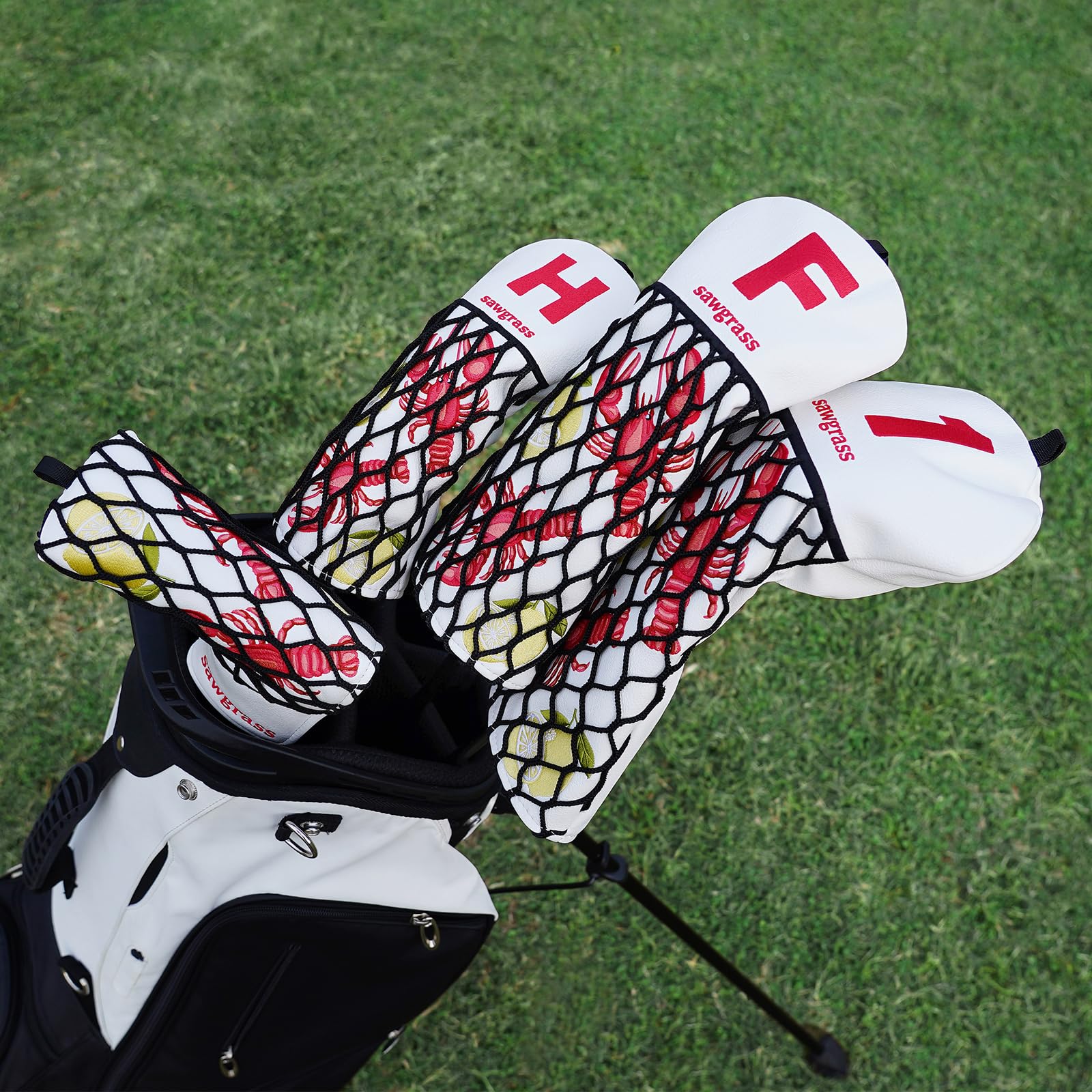 Golfschlägerhauben aus Holz für Driver/Fairway/Hybrid/(1.F.H)/Putter, weißes PU-Leder, Krebsnetz-Design