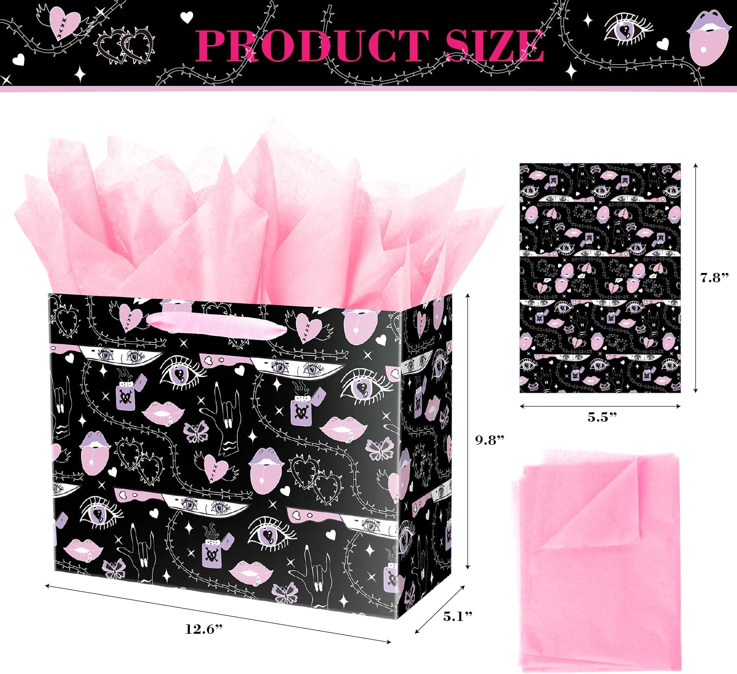 ysmile Goth Pink Gift Bag with Tissue Paper for Women Girl 12.6" Birthday Anniversary image 2