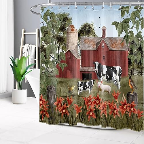 Miniatura 7 de LB Cortina de ducha botancial verde con flores silvestres azules y rosas con hojas sobre fondo beige, cortina de baño de flores rústicas con