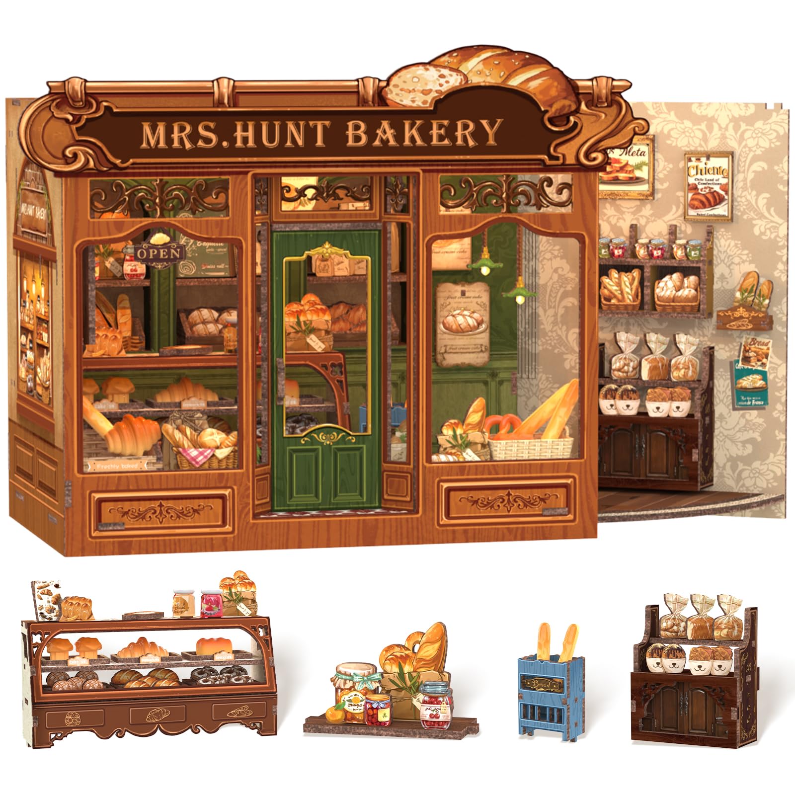 Cutefun DIY Case delle bambole Book Nook Model Kit, Reggilibri Scaffale Inserto Decorazione con Luce LED,Kit di Costruzione di Modellini in Legno per (MRS.HUNT BAKERY)