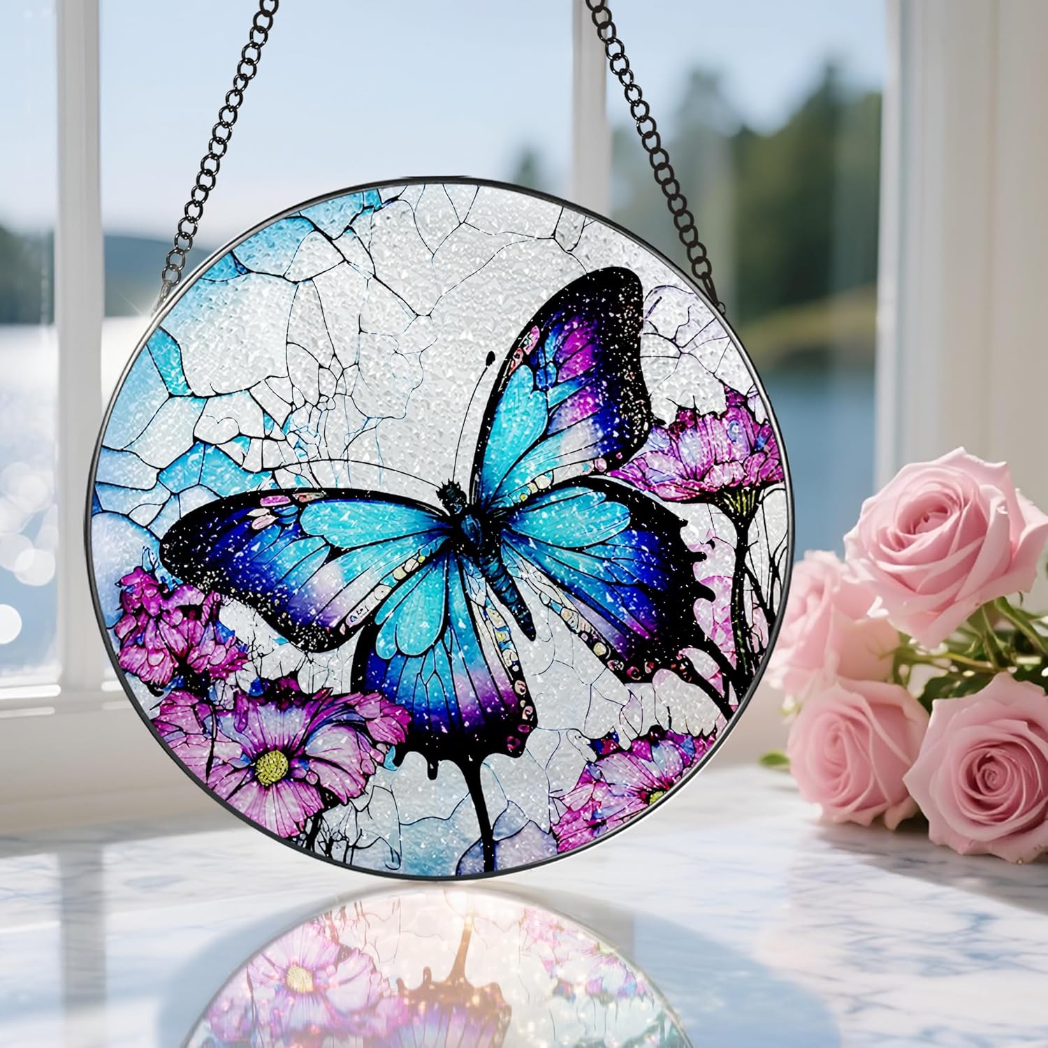 8 Inch Stained Glass Suncatcher Ornament, DOUHASU Butterfly Sun Catchers Indoor Window, Stained Glass Window Hanging, Home Decor, Butterfly Lovers Gifts for Her, Women, Mom, Grandma, Friend - Image 5