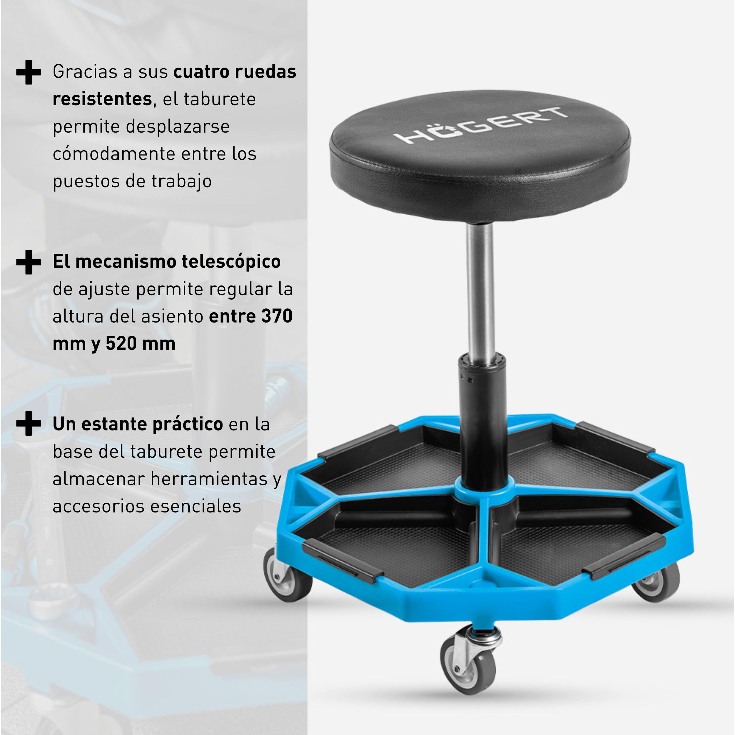 Högert Technik - Taburete de Taller Ajustable | Asiento telescópico de Taller | Altura Regulable | Construcción Robusta | Carga máxima: 140 kg | Taburete con Ruedas para el Taller