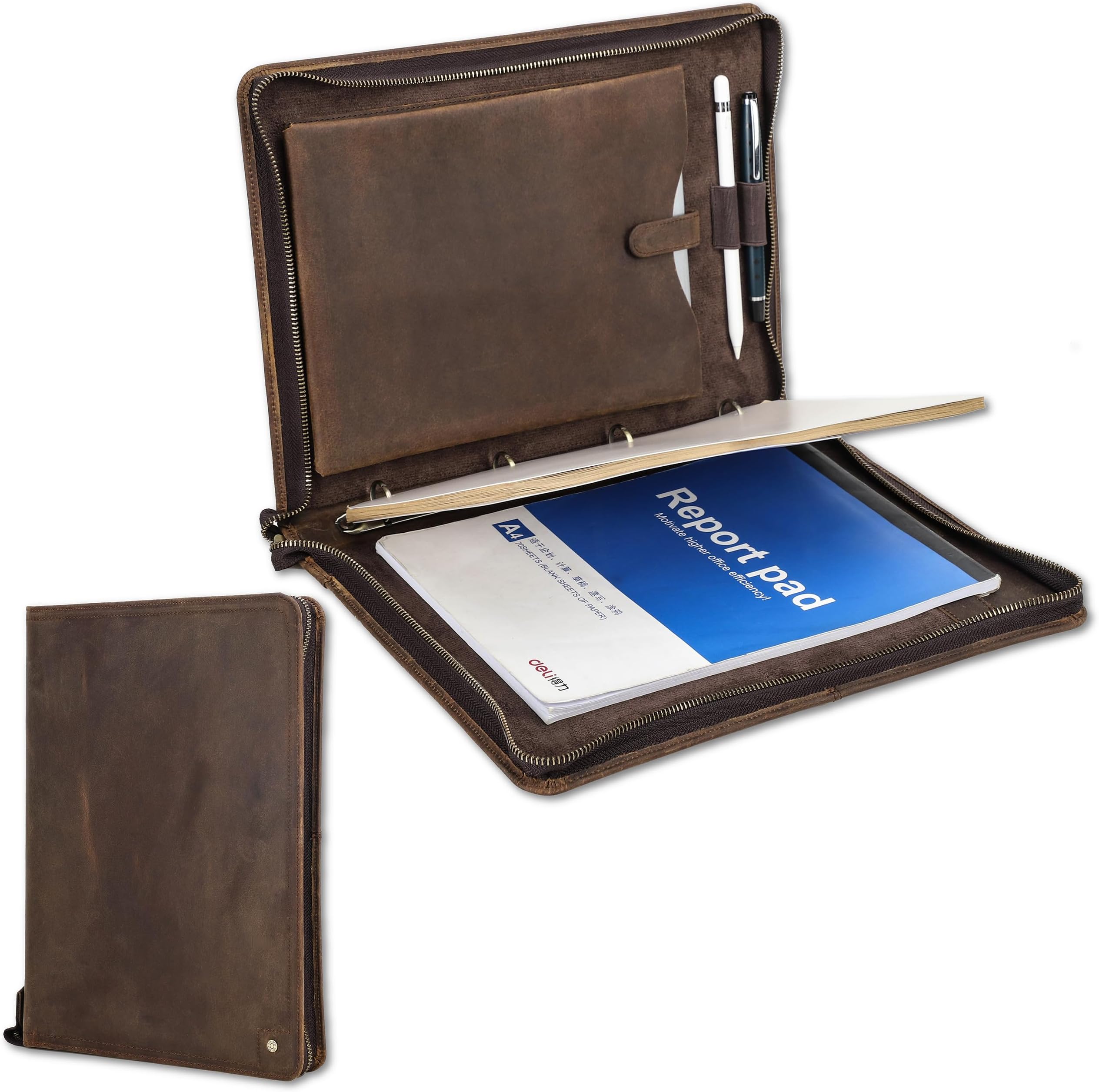 Top Grain Leather 4 Ring Binder Portfolio Organizer for Men & Women, Vintage Design, Multi-Functional Professional Business Zippered Portfolio for A4 Size Document/iPad/Pen, Coffee 11 Inch