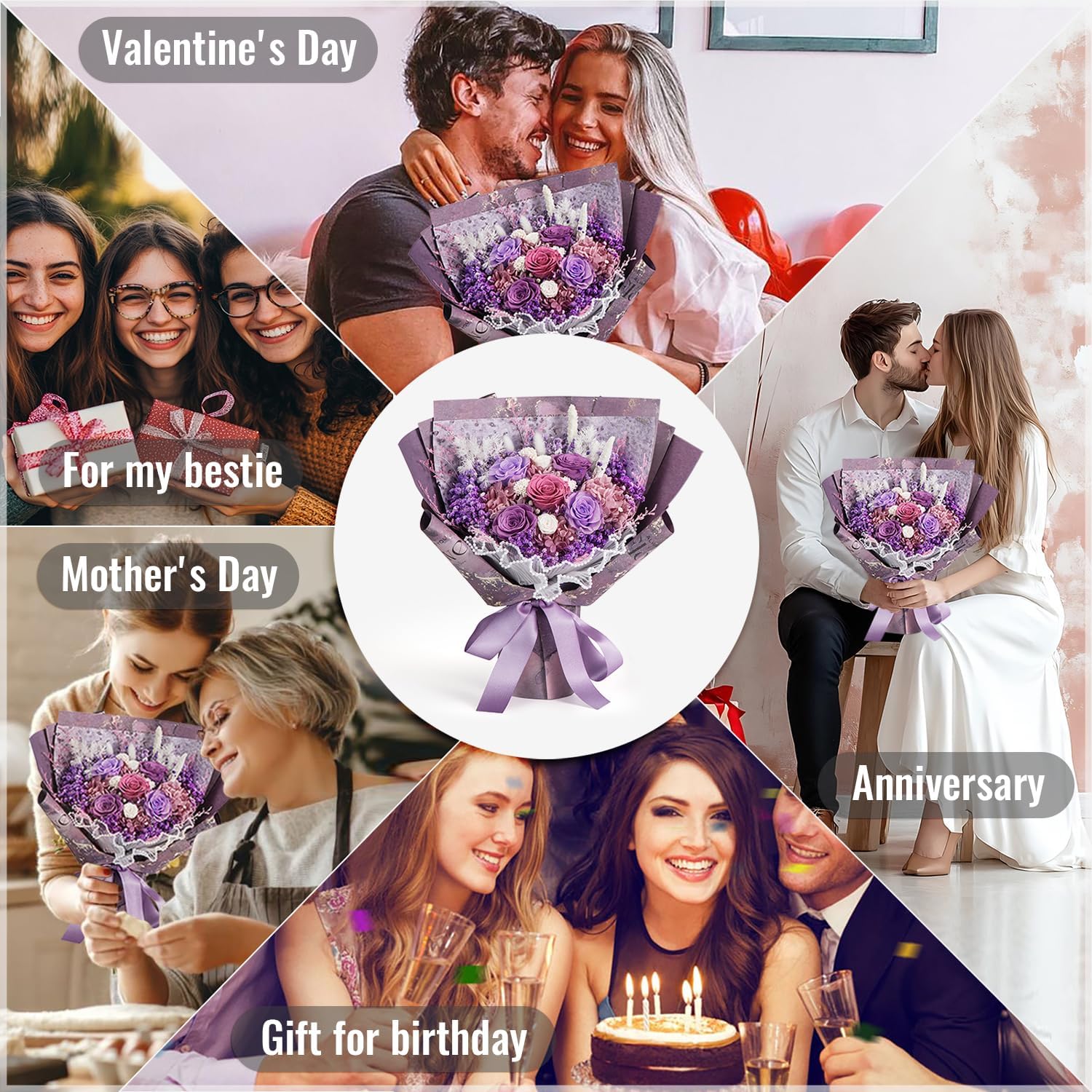 large Preserved flowers Bouquet with Real Roses,Long Lasting flower for delivery prime,Birthday for Women,Wedding,Mother’s Day,Valentine’s Day,Anniversary,Wife,Girlfriend,Christmas Gifts(Purple)