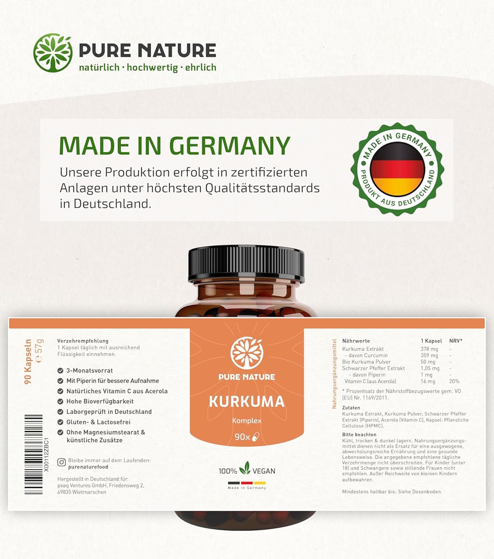 Pure Nature Kurkuma Kapseln hochdosiert 12.000mg - Kurkuma Komplex mit Piperin & Vitamin C - 90 Kapseln - Laborgeprüft in Deutschland - 3 Monate Vorrat - Vegan - Curcuma Extrakt mit Acerola