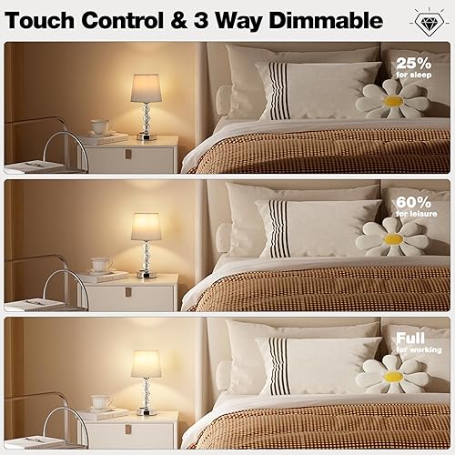 Vista 4 de Acaxin Juego de 2 lámparas de mesa de cristal para dormitoriosala de estar, 14.6 pulgadas (beige)