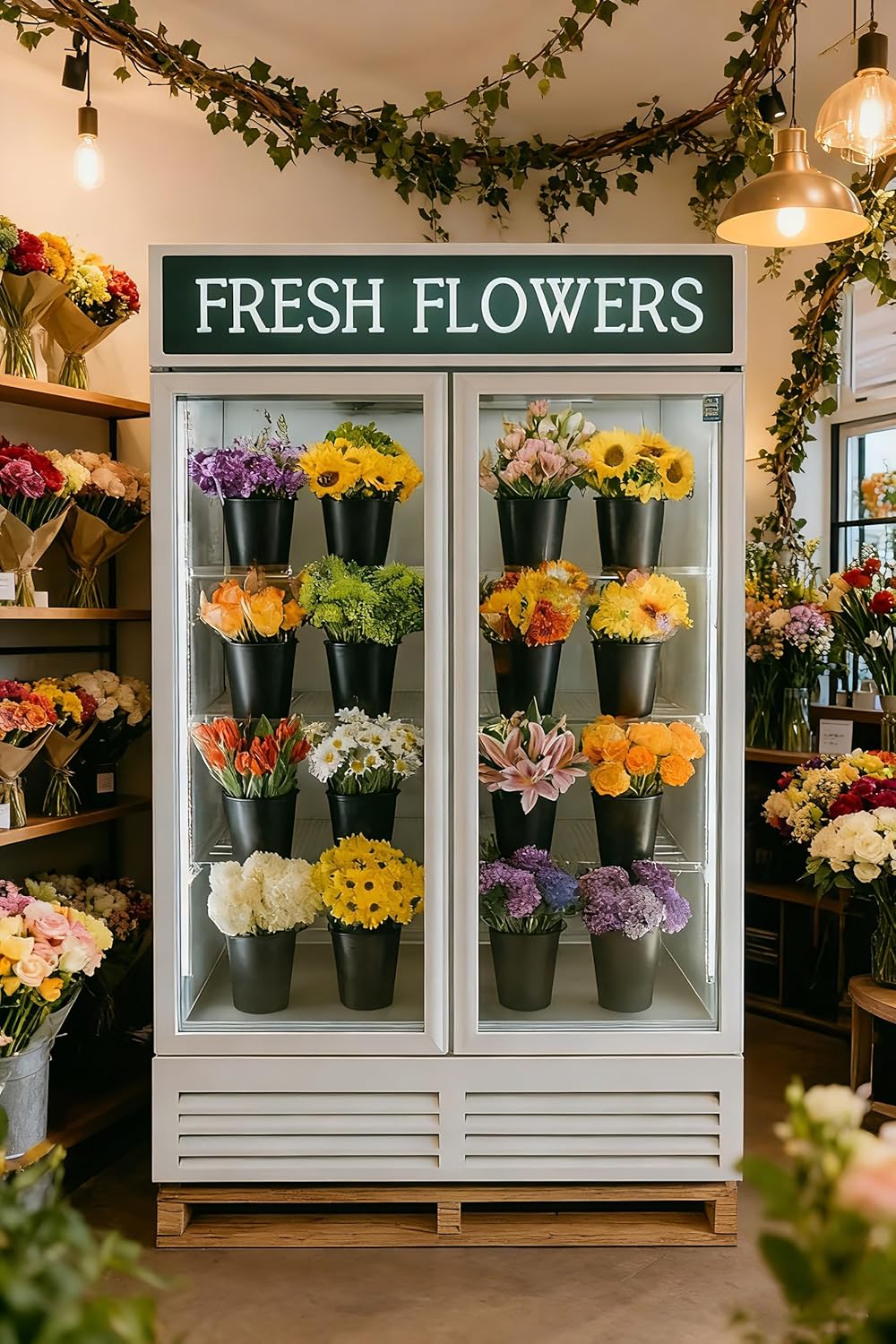 White Commercial Flower Beverage Refrigerator Floral Display Fridge,Two Glass Door Drink Cooler with LED Light Adjustable Shelves,ETL Approval,43 Cu Ft,47" Wide,Wheels Included