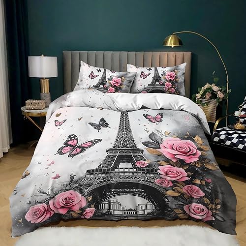 AILONEN Vintage Eiffel Tower Duvet Cover Set for Bedroom Decor,