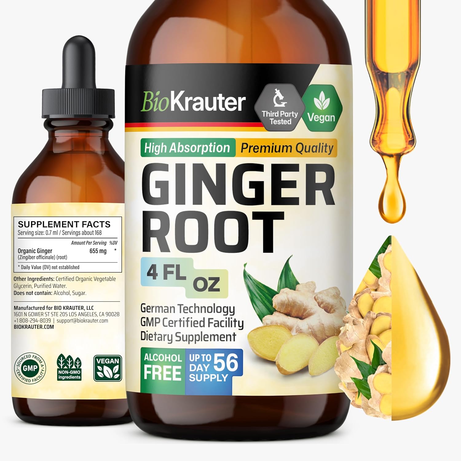 BIO KRAUTER® Ginger Root - Liquid Drops Ginger Extract 655 mg per Serving 4 Fl.Oz 56-Day Supply - Pure Vegan Zingiber Officinale for Digestive Support & Daily Wellness - Alcohol & Sugar Free