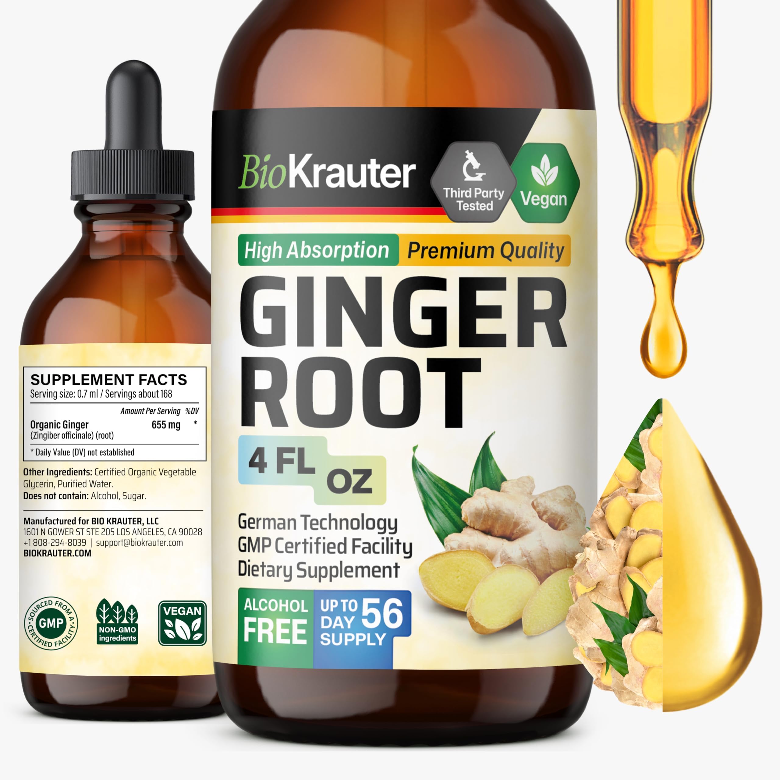 Ginger Root - Liquid Drops Ginger Extract 655 mg per Serving 4 Fl.Oz 56-Day Supply - Pure Vegan Zingiber Officinale for Digestive Support & Daily Wellness - Alcohol & Sugar Free