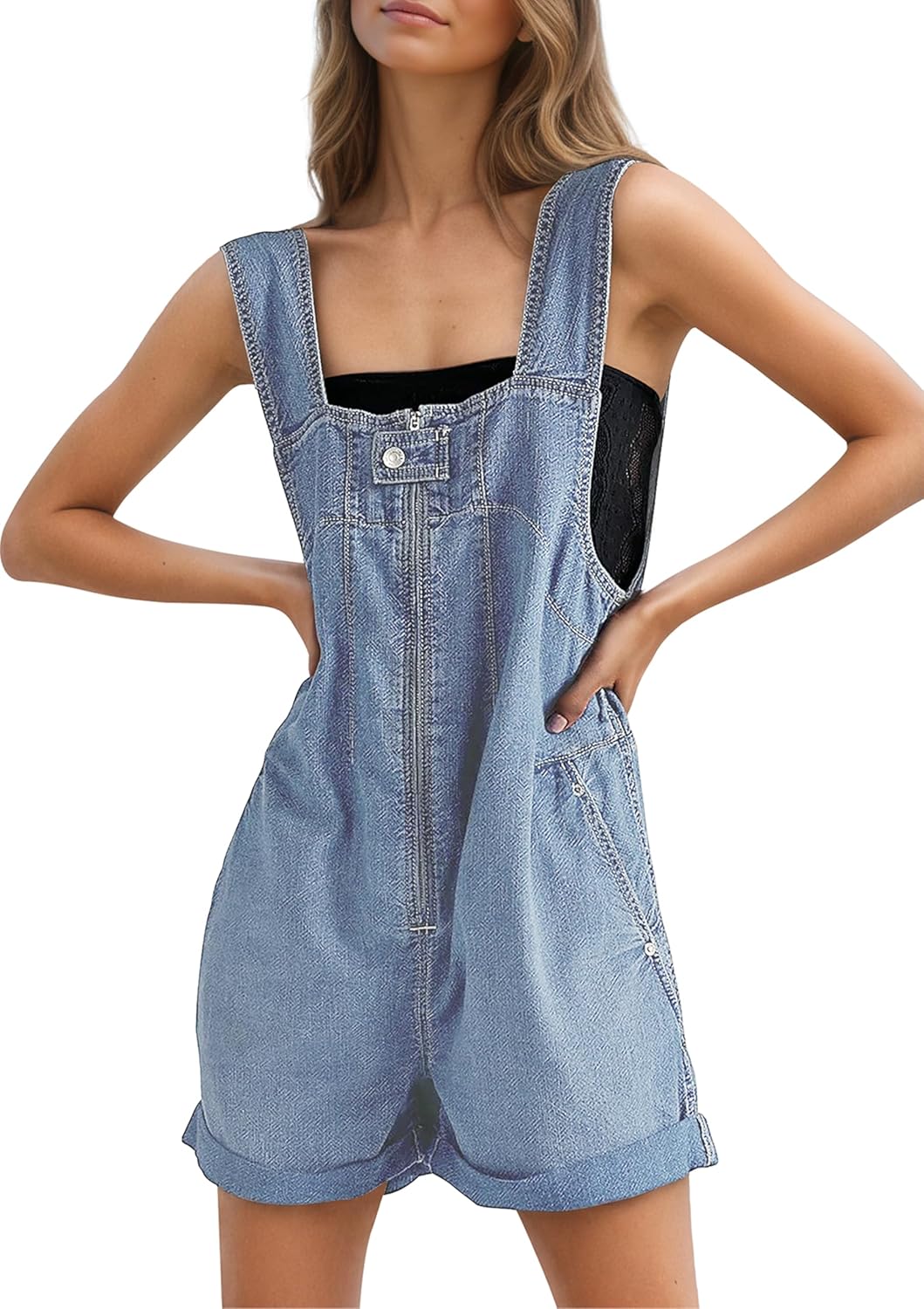 Women's Denim Overalls Zip Up Jean Romper Sleeveless Shortalls Bib Shorts Casual Summer Loose Fit Jumpsuit with Pockets