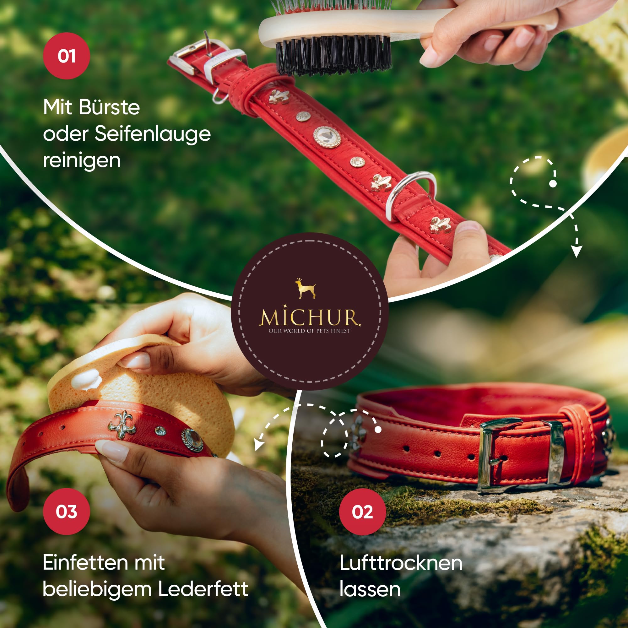 MICHUR Julieta Hundehalsband Leder, Lederhalsband Hund, Halsband, Rot, Leder, mit Lilien, Strasssteinen und großem Kristall