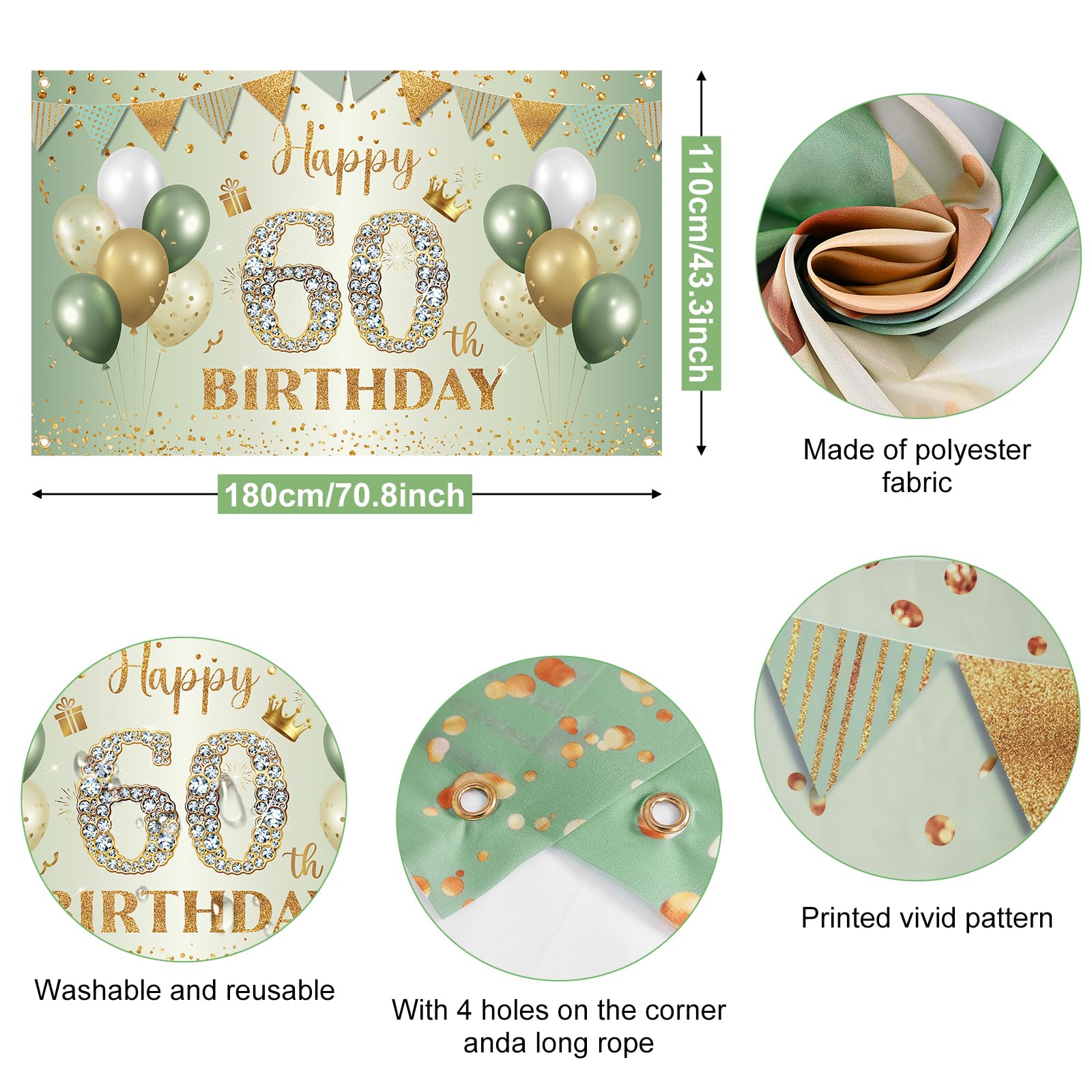 Juego De Vajilla Verde Salvia Para 60 Cumpleaños – Incluye Mantel 274x137 Cm, 16 Platos Y 20 Servilletas – Decoración Mesa Para Hombres Y Mujeres