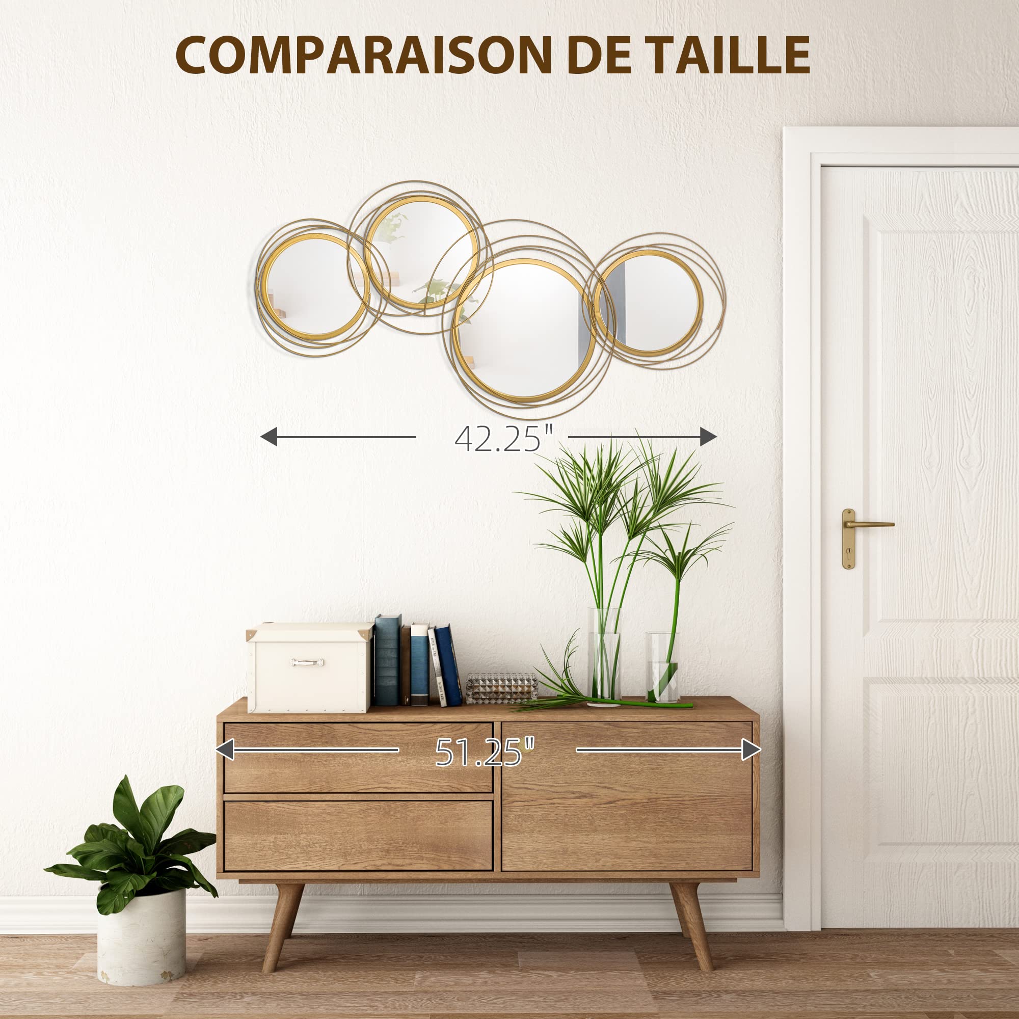HOMCOM Ensemble de 4 Miroirs Murals Ronds en Métal Dorés 107 x 56 cm
