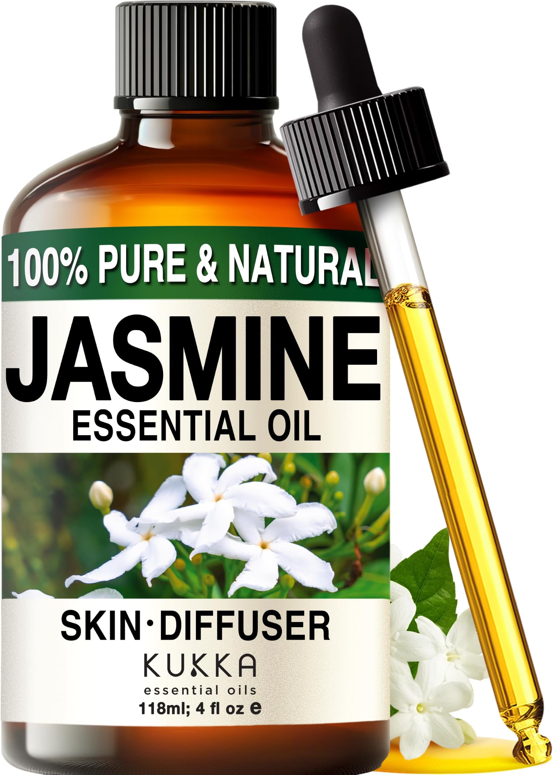 Jasmine Essential Oil for Diffuser - 4 Fl Oz - 100% Pure Natural Jasmine Oil for Skin, Hair & DIY Soap Making Scents - A Great Relaxing Floral Addition for Hair Car & Perfume