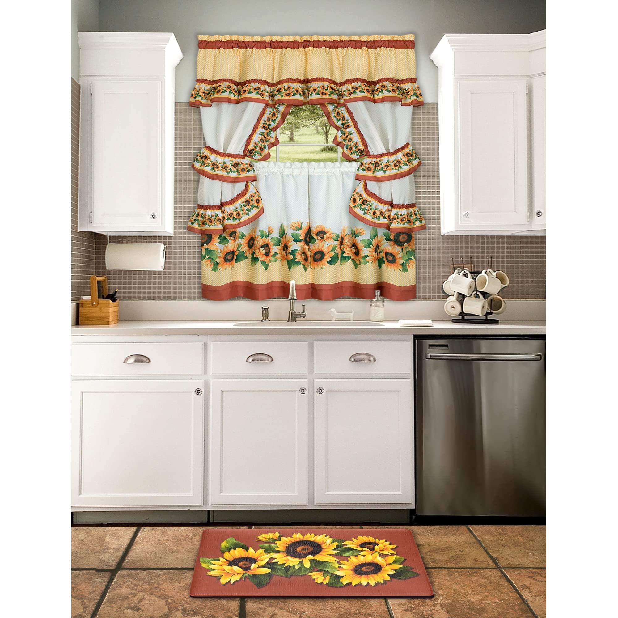 Printed Cottage Window Curtain Set - 57 Inch Width, 36 Inch Length - Black Eyed Susan - Polyester Soft Window Treatment Include Valance, Attached Swaggers, Tiebacks & Two Tiers by Achim Home Decor