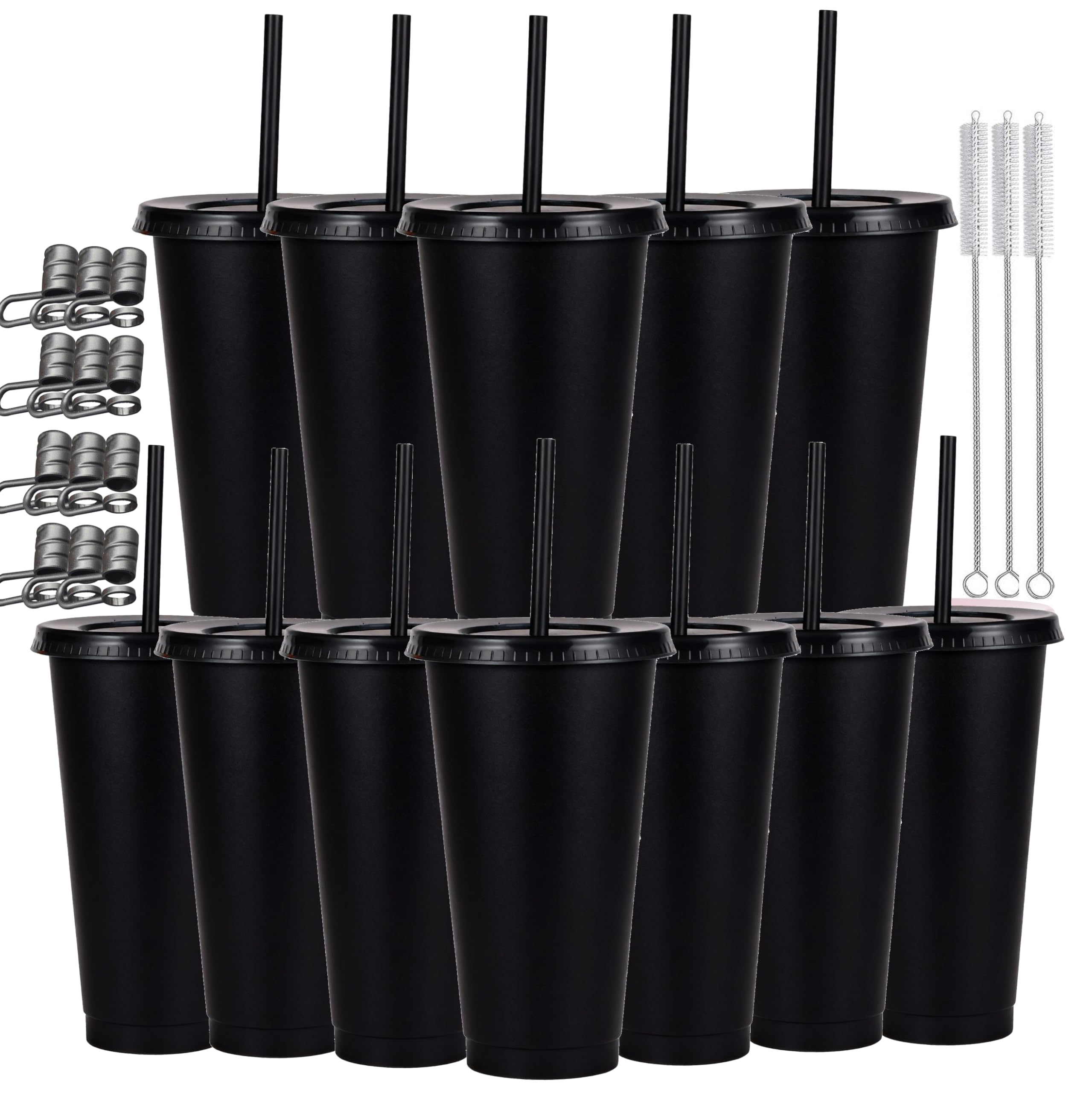 CuppaLifes 12 Pack Reusable Plastic Cups with Lids and Straws, 710ml Cold Tumbler Cups for Slushie and Drinks, Party Cups for Adults Travel Beach Picnic Birthdays (12, Black)