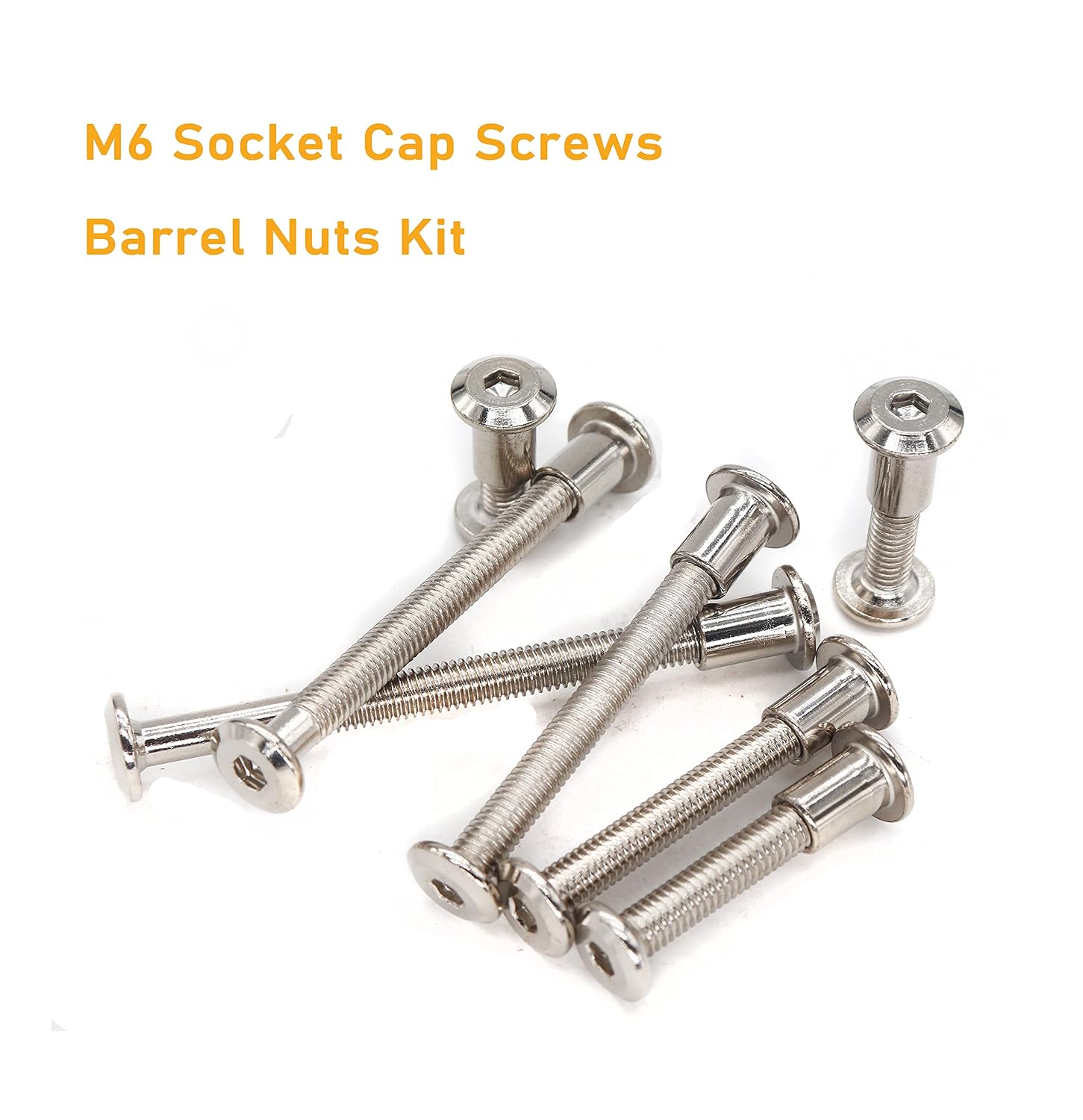 100pcs M6x15mm/ 25mm/ 35mm/ 45mm/ 55mm/ 65mm/ 75mm Rivet Countersunk Hex Socket Cap Bolts and Barrel Nuts Assortment Kit, Furniture Connector Bolts and Barrel Nuts Set, Nickel Plated