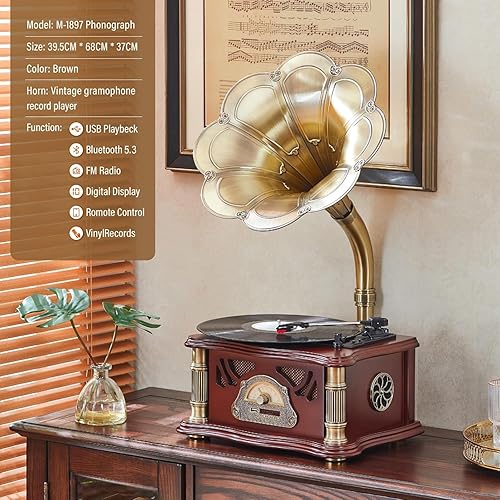 Miniatura 3 de HZLSBL Gramófono vintage con salida Bluetooth, tocadiscos vintage, tocadiscos retro para discos de vinilo de 7, 9, 12 pulgadas, 3 velocidades, alta