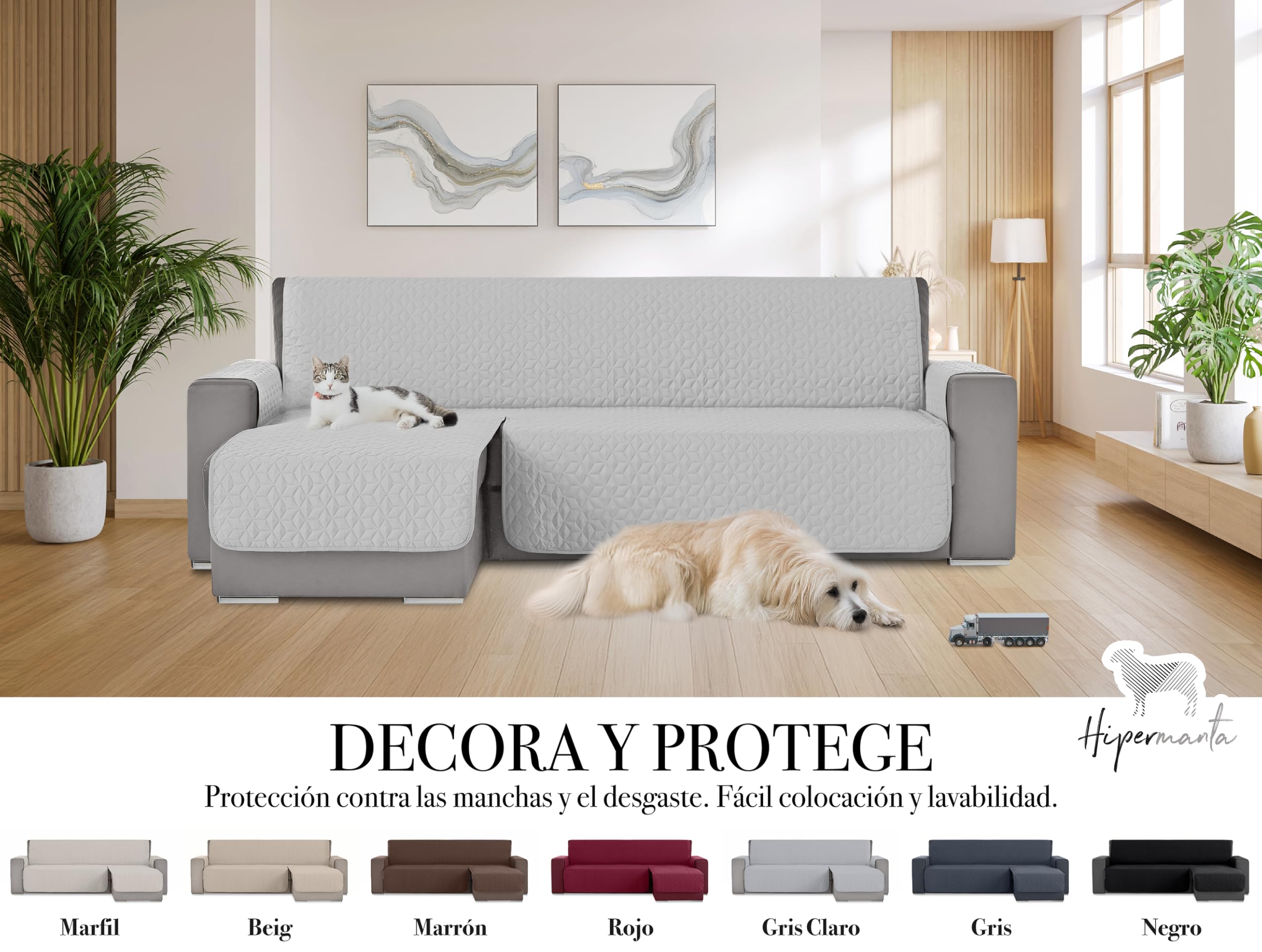 Salva Sofa Chaise Longue. Protector de Sofa Acolchado. Funda Cubre Sofa Mascotas Perros Gatos. Protector Sofa Cuadros.Color Marfil. Lado Izquierdo Visto de Frente 240 cm