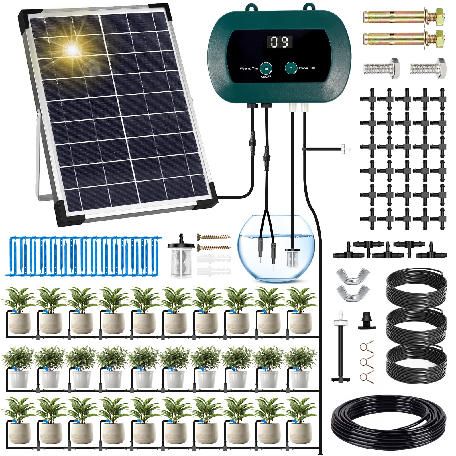 ZQEJEFD Solar Bewässerungssystem, Automatische Tröpfchenbewässerung für Garten, Balkon und Kübelpflanzen mit Timer und 3