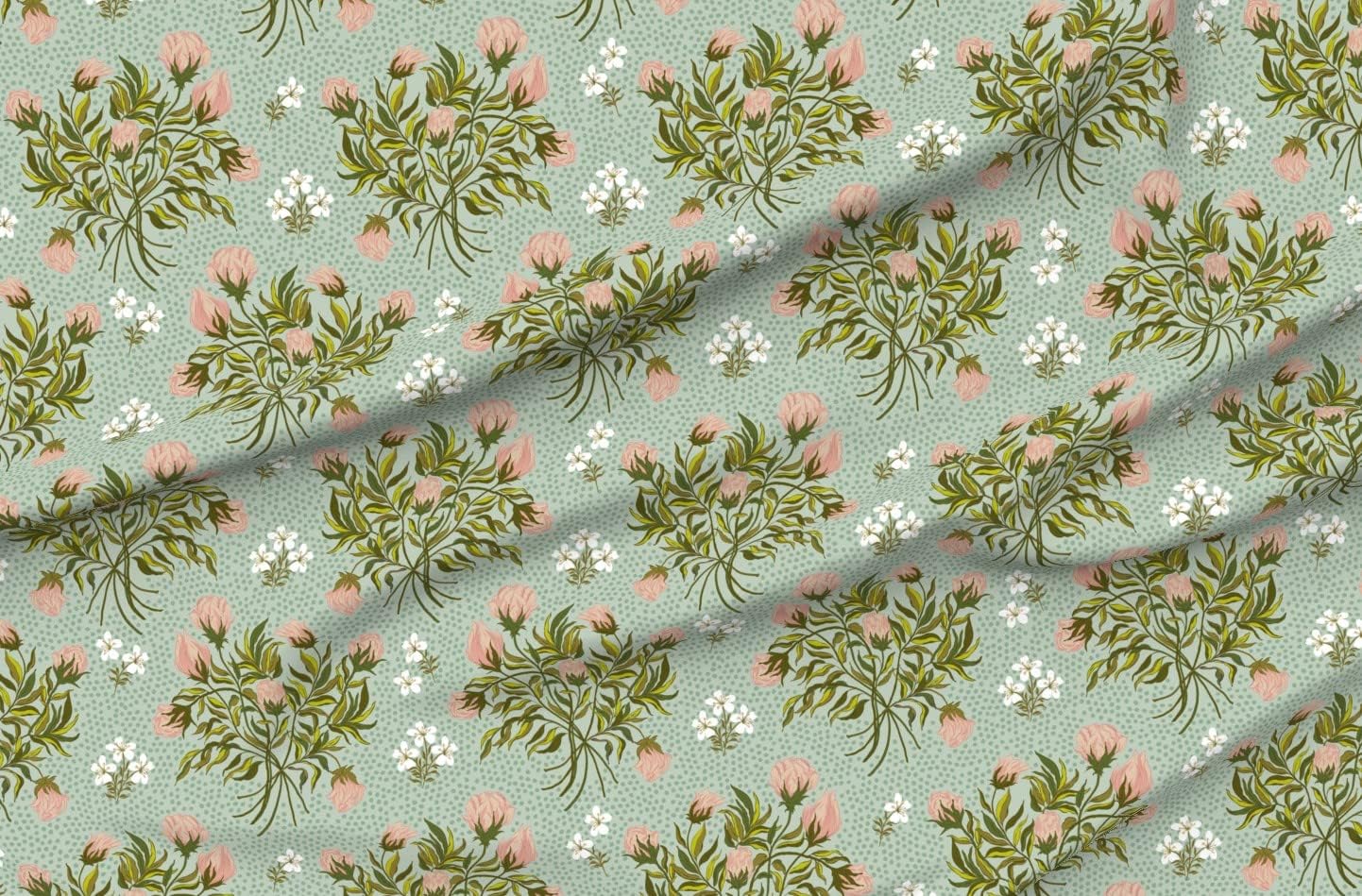 Spoonflower Fabric - Bouquet Sage Pink Roses Green Ditsy Floral Vintage Antique Printed on Organic Cotton Sateen Fabric by The Yard - Sewing Quilting Apparel Home Decor
