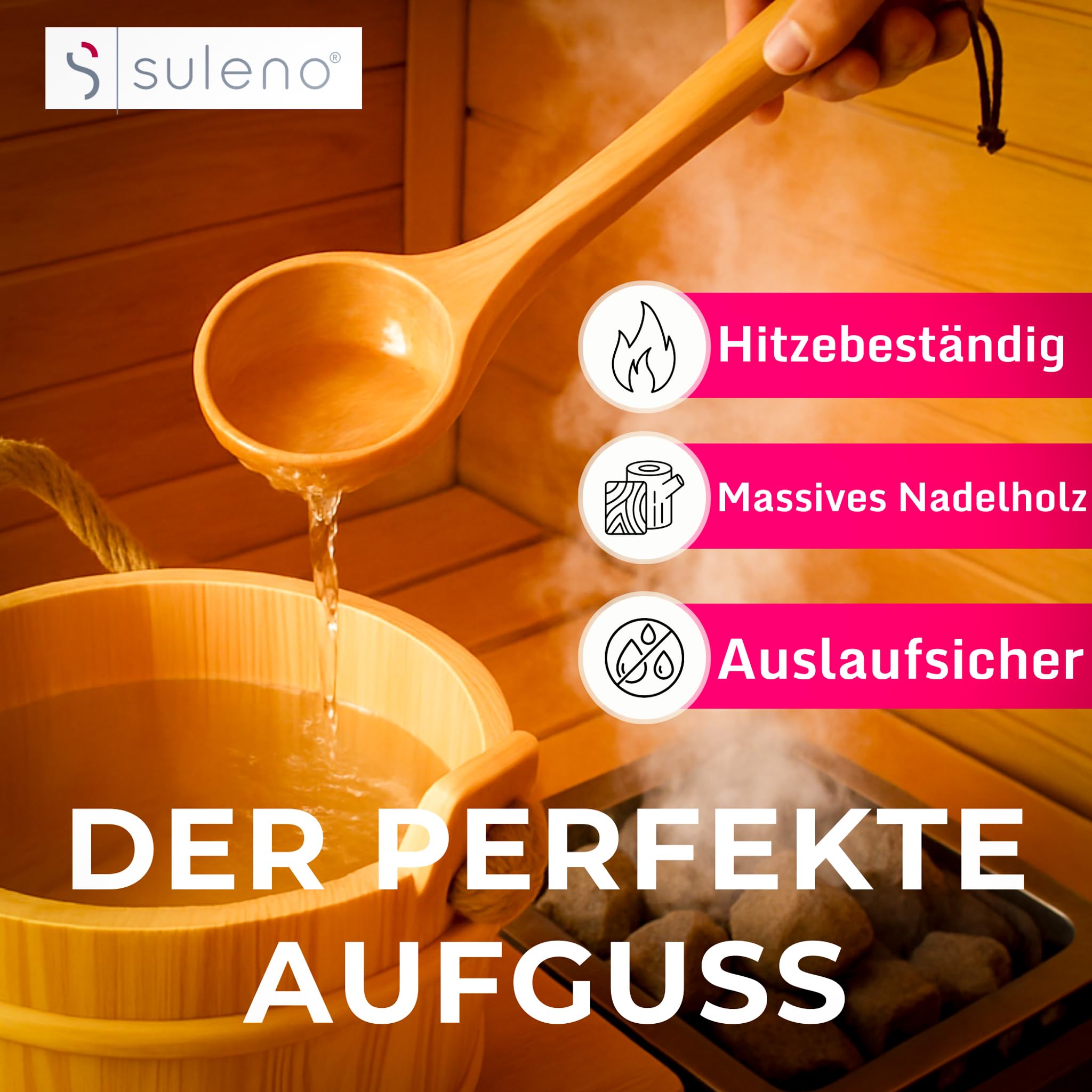 Suleno Sauna Zubehör Set - Saunaeimer mit Kelle aus Nadelholz, PVC-Einsatz, Auslaufsicher, Naturholz, Extralange & tropffreie Saunakelle, Aufgusseimer Set, Hochwertiges Sauna Set 3-teilig