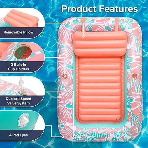 Vista 3 de Aqua Inflatable Tanning Pool Lounger, Premium Pool Float with Cupholders and Removeable Pillow for Relaxation and Fun