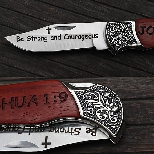 Miniatura 5 de JOSHUA - Cuchillo de bolsillo con versículo bíblico grabado Be Strong and Courageous de JOSHUA 19, regalo de hombres santos para bautismo de