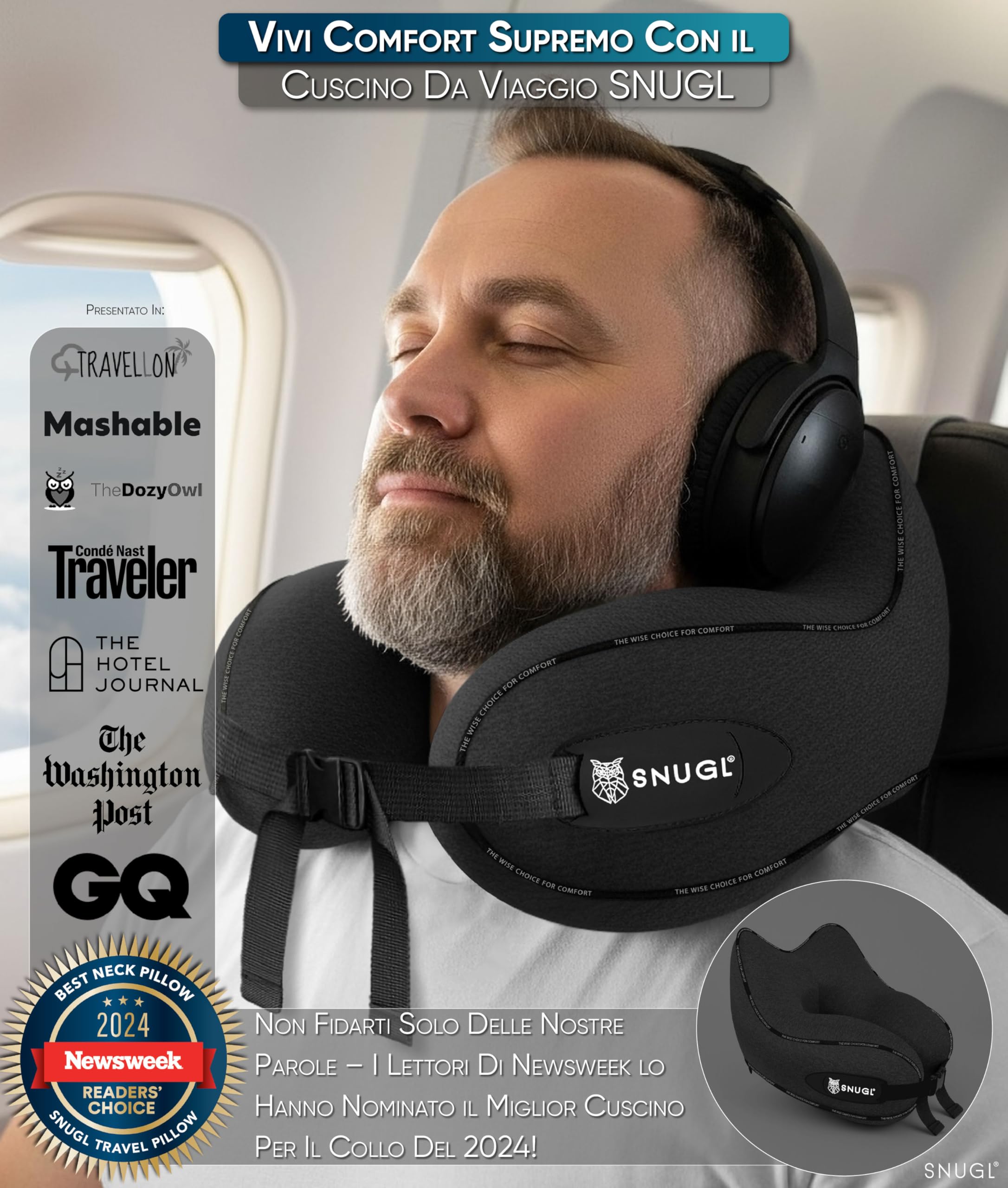 SNUGL Cuscino da Viaggio Ergonomico – Cuscino Aereo in Memory Foam – Cuscino Cervicale da Viaggio – Cuscino Cervicale per Dormire – Supporto Collo per Aereo, Auto, Treno | (Nero - Adulto Piccolo)
