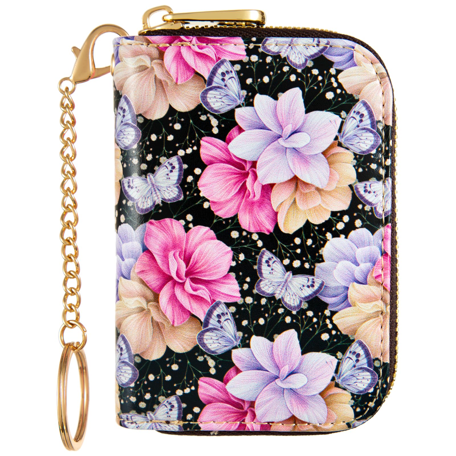 Credit Card Holder for Women, RFID Card Holder Wallet - Slim Leather Zipper Card Case - Ladies Small Keychain Wallets (A Hydrangea Flowers Butterflies