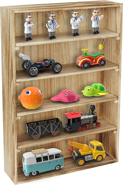 BELLE VOUS Wooden Wall Display Case - 27.7 x 40.5 x 7.7cm / 10.90 x 15.94 x 3 Inches - Floating Mounted Unit with 5 Shelves - Cabinet Rack for Toys, Figures, Gemstones, Rocks & Shot Glass Collection