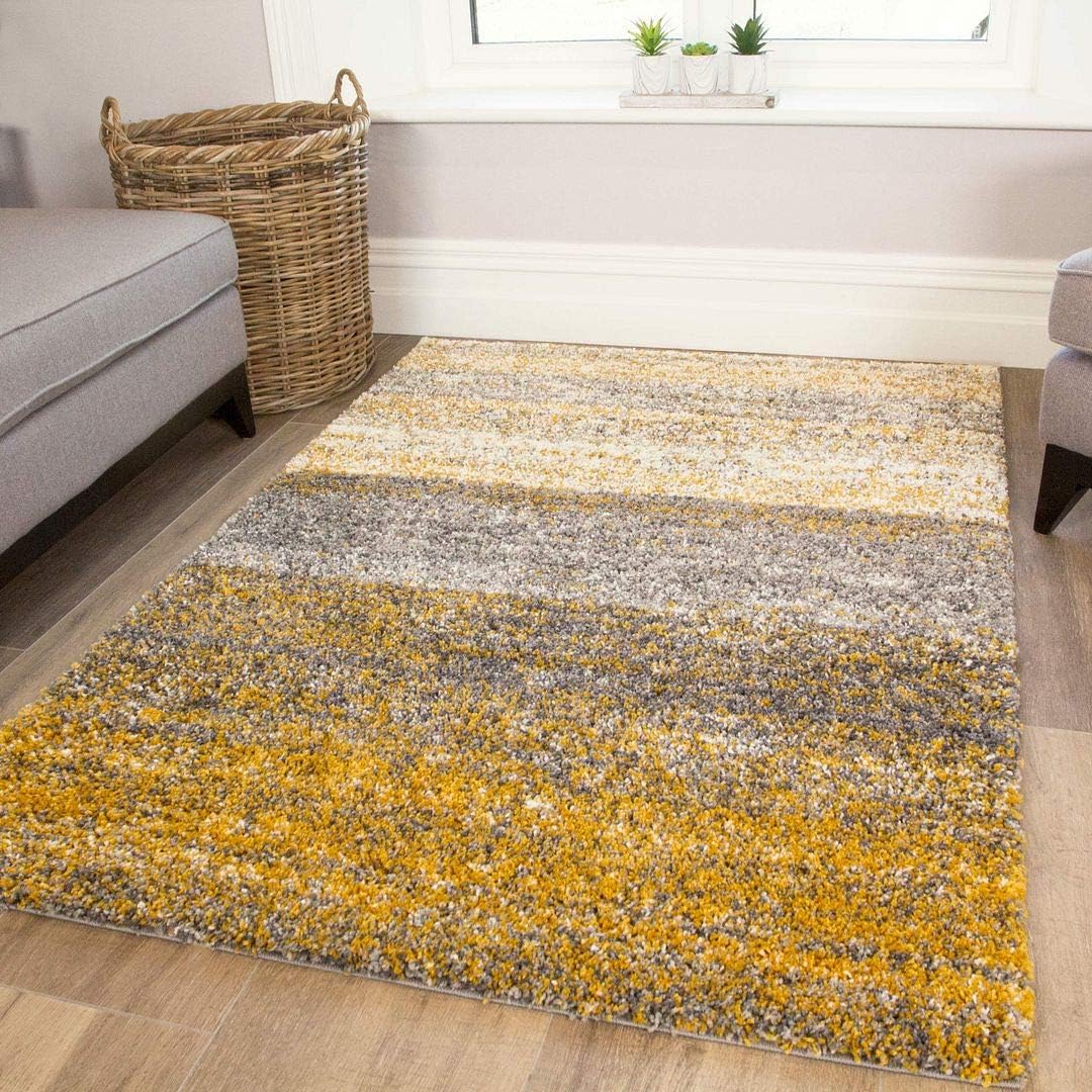 Large Thick Soft Fluffy Ochre Mustard Stripe Shaggy Shag Area Rug Warm