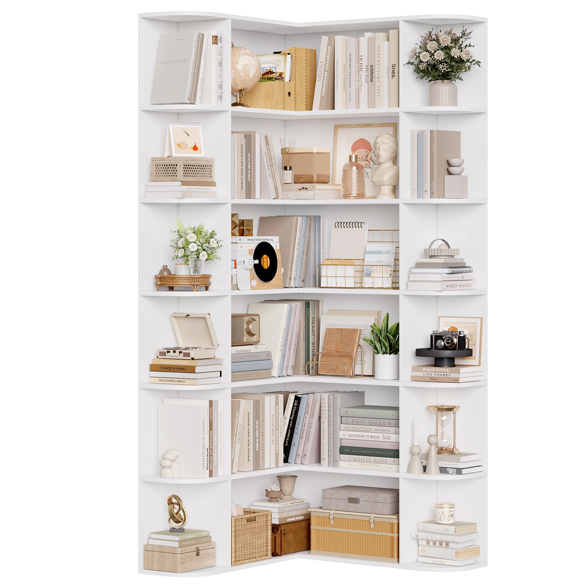 FirFurd Bookcase White Corner Bookshelf 6 Tiers Tall Bookcase Free Standing with Open Storage Display Rack L-shaped Book Shelf for Living Room Home Office 185x84x80cm