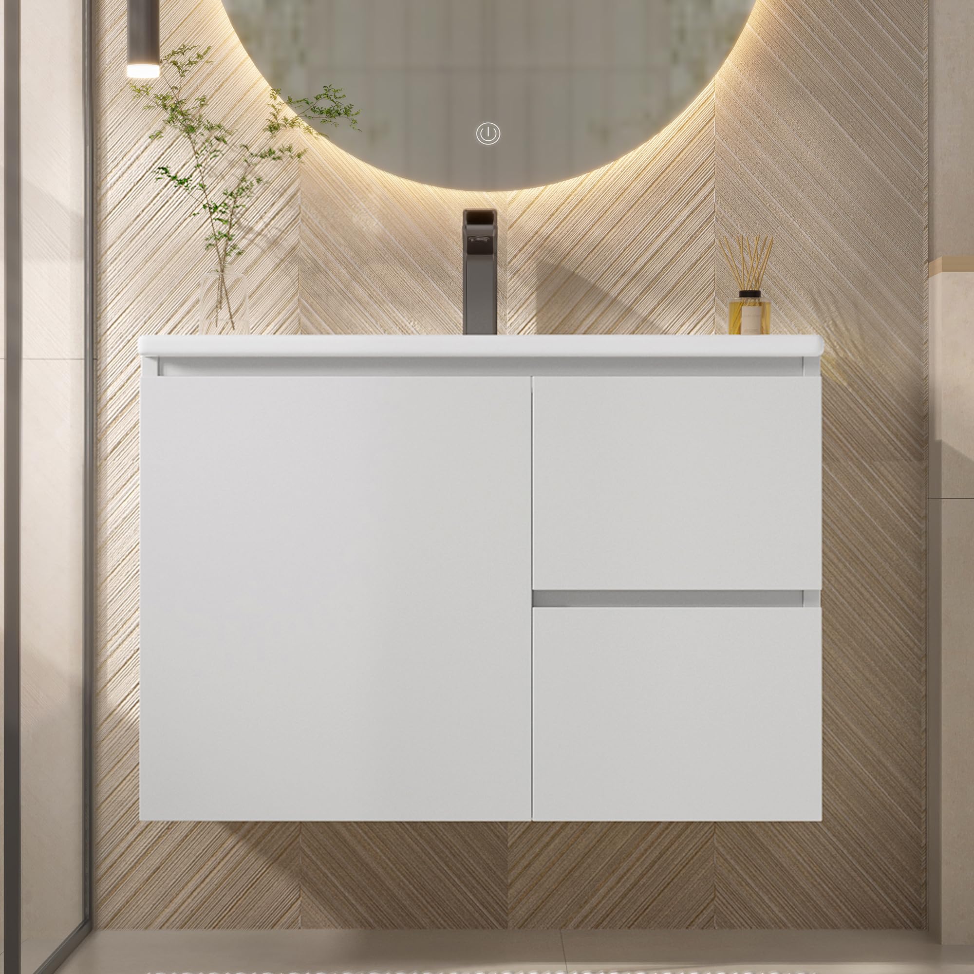 76 x 46 x 50 cm. Mueble de baño de pared, totalmente lacado, iluminación con sensor de radar LED, lavabo, dos cajones, lavabo integrado, blanco (76 x 46 x 50 cm)