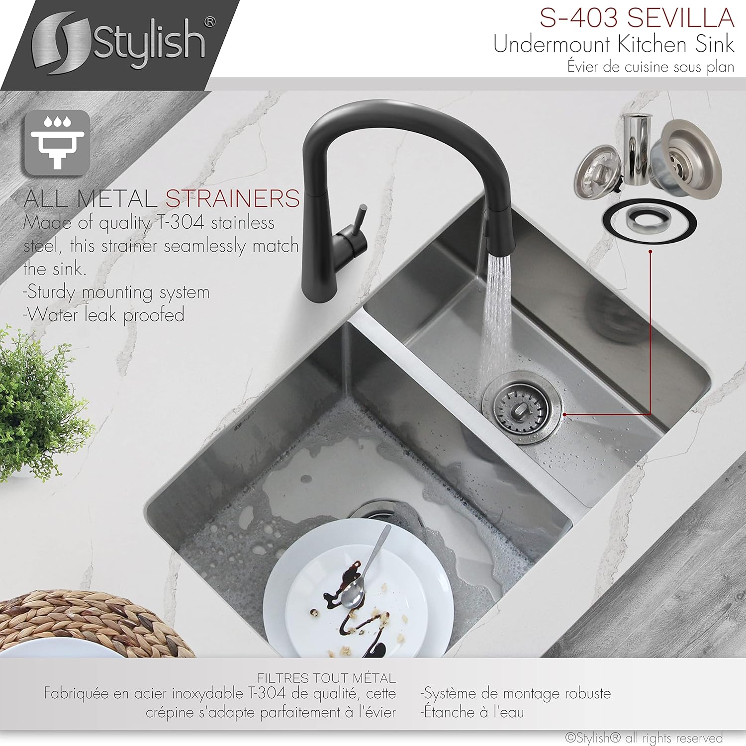 Stylish 28 x 18 Inch Undermount Kitchen Sink 9 Inches Deep Reversible 10mm Radius Corners 18G Double Bowl Stainless Steel Sink with Standard Metal Strainers, S-403