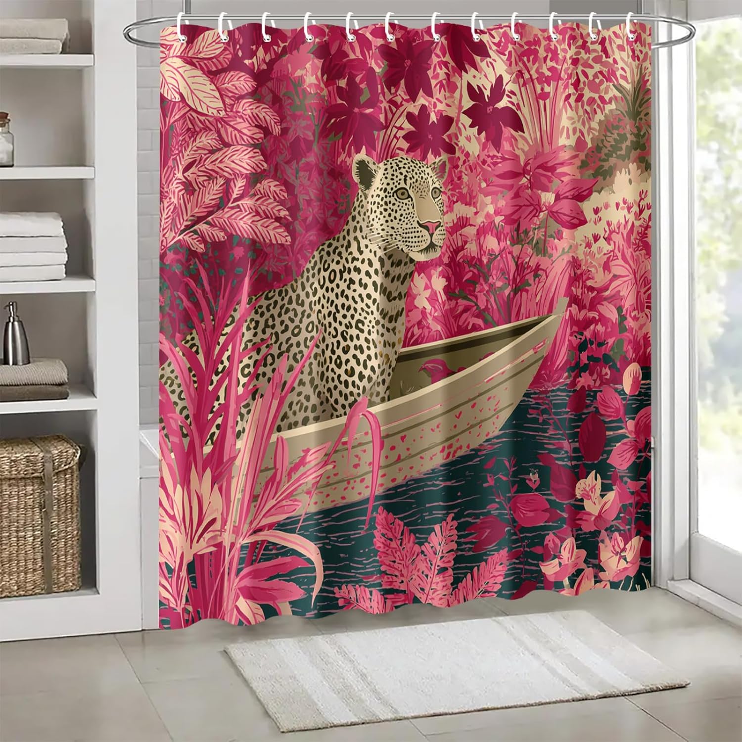 Jungle Leopard Shower Curtain 72x72 Inch Pink Tropical Animal Print for Bold Boho Bathroom Decor Colorful Safari Wildlife Style
