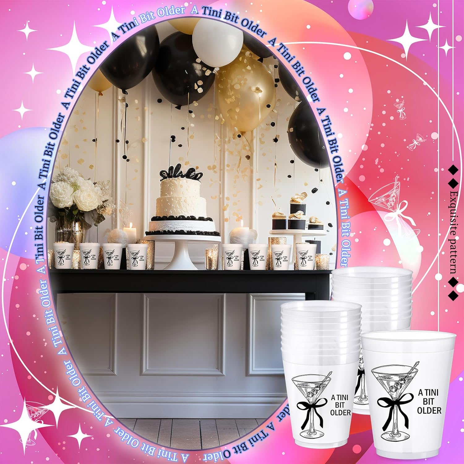 Jingmore 24 Pack A Tini Bit Older Cups 16 oz Plastic Martini Birthday Cups Martini Bow Party Decorations for Women a Tini Bar Bit Older Birthday Home Bachelorette Party Supplies(Black)
