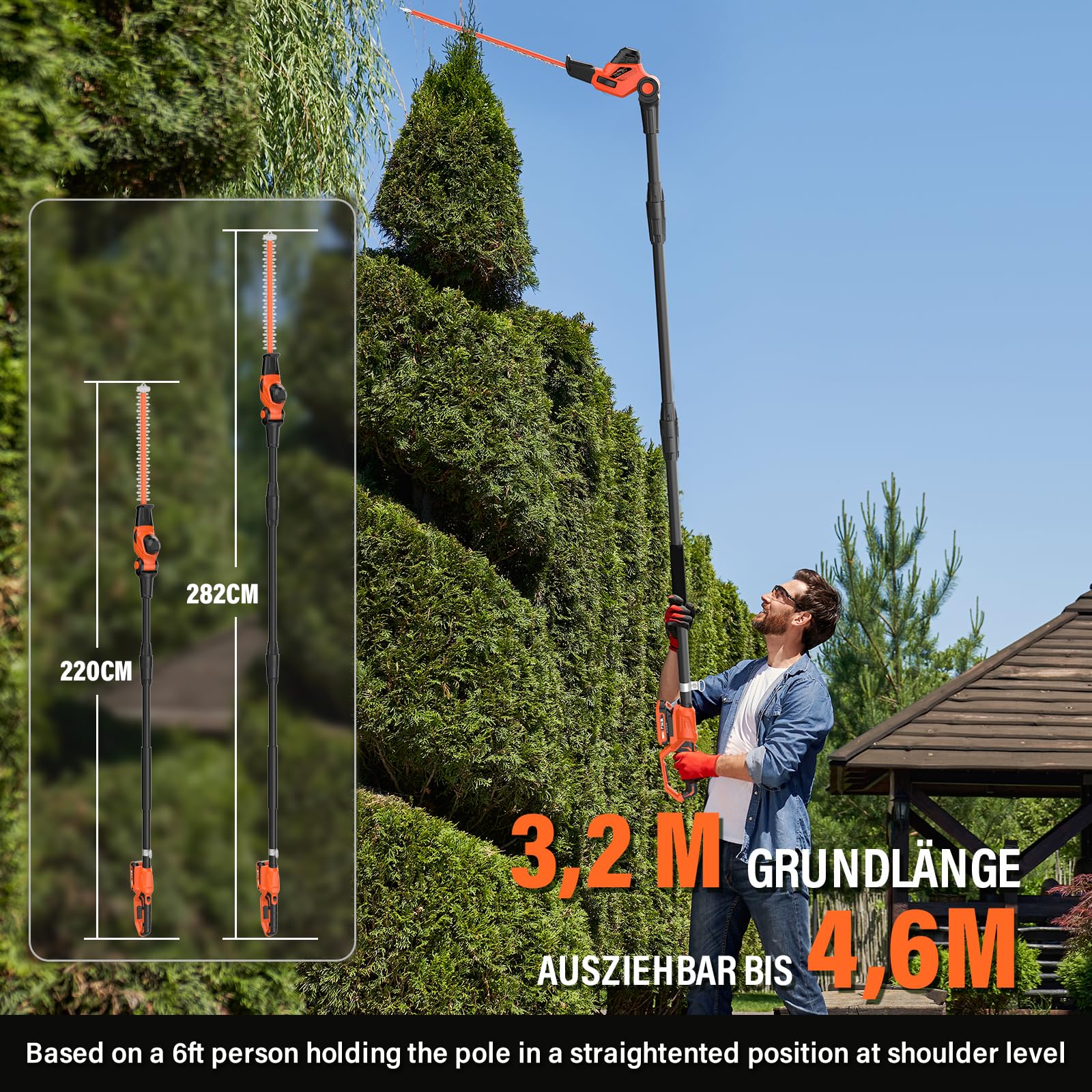MAXLANDER Akku Heckenschere 45 cm Stabheckenschere | 4,5 m maximale Reichweite mit Verlängerungsstange, in Mehreren Winkeln verstellbar mit Akku und Ladegerät