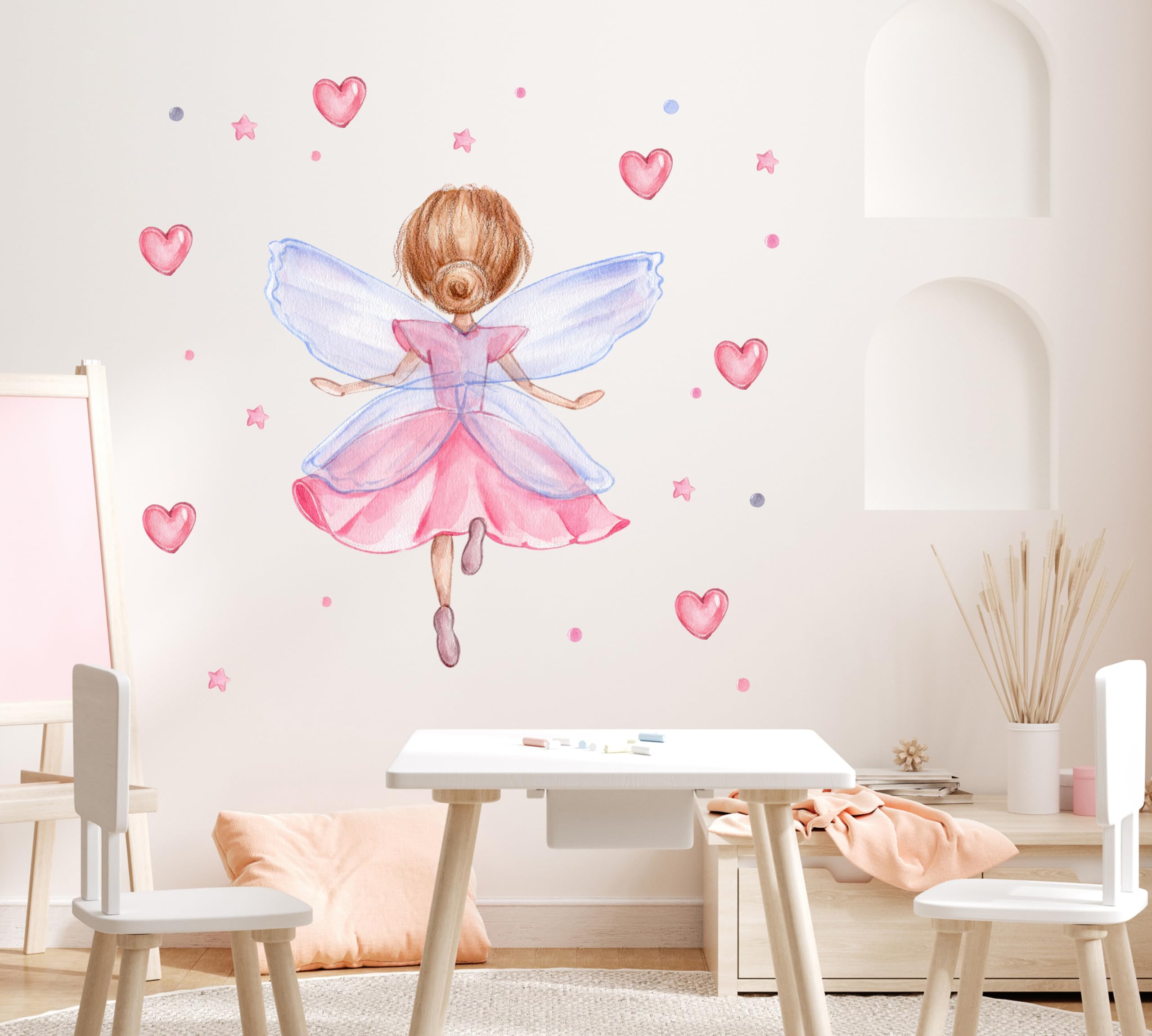 Wandtattoo Kinderzimmer Fee Girl mit Herzen Sterne Aufkleber Wandsticker schöne Aquarell Farben für Babyzimmer Mädchenzimmer K2033 (130cm(B) x90cm(H))