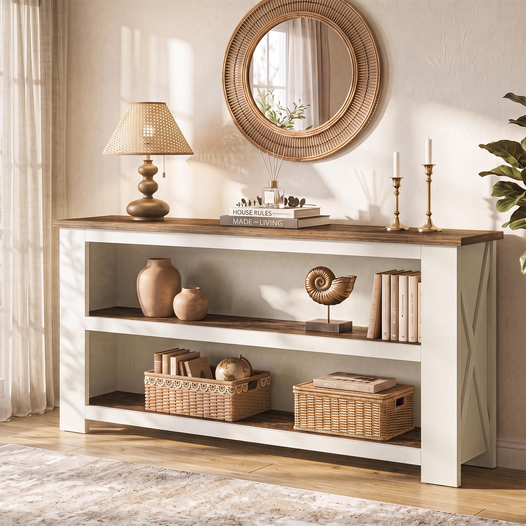 Farmhouse Console Table with 3-Tier Storage, 63-Inch