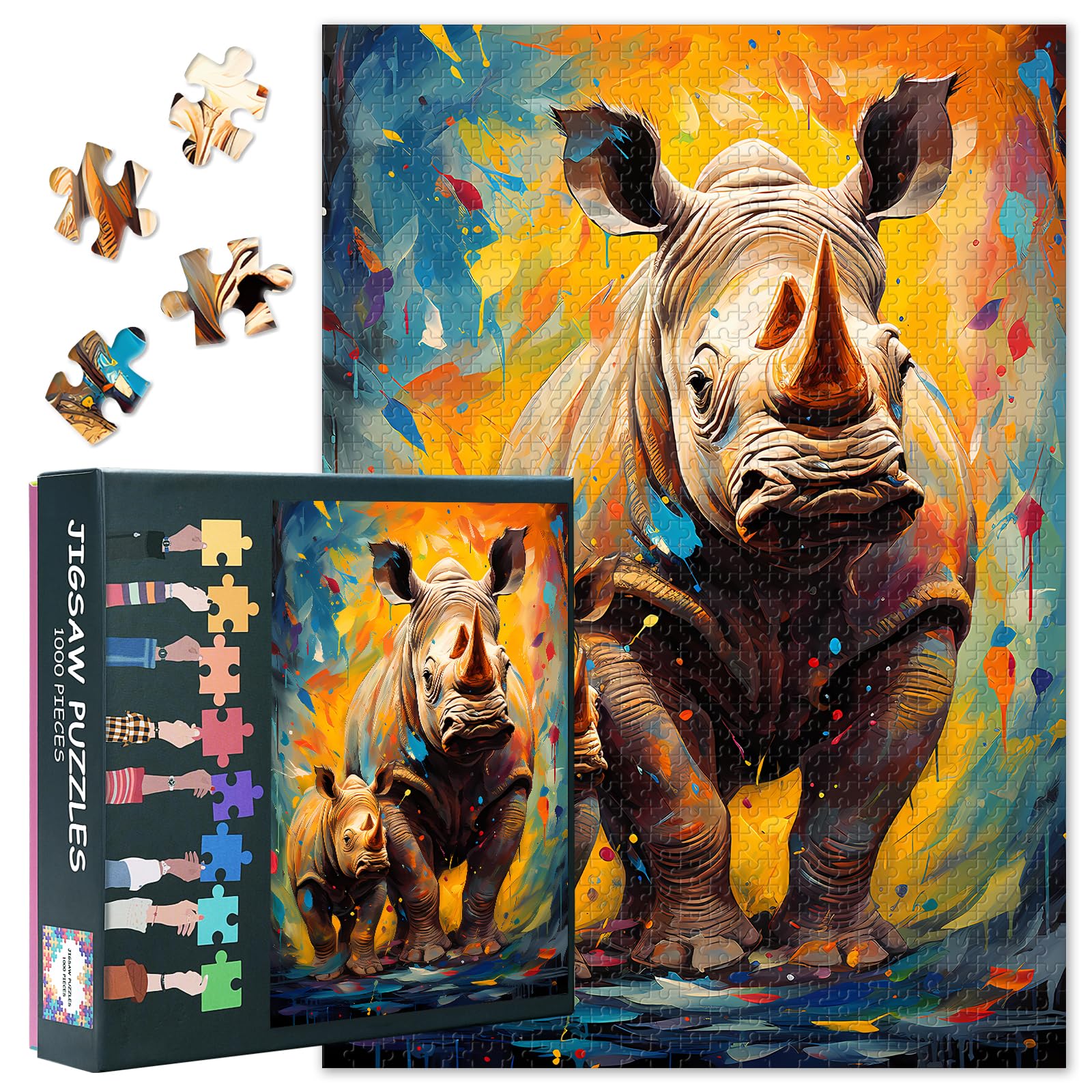 Puzzles for Adults 1000 Pieces, Rhinoceros and Baby Rhino Jigsaw Puzzles, Black Rhinocerous Adult Puzzle for Adults, Educational Fun Games or Toys for Elders Friends 20X27 INCH