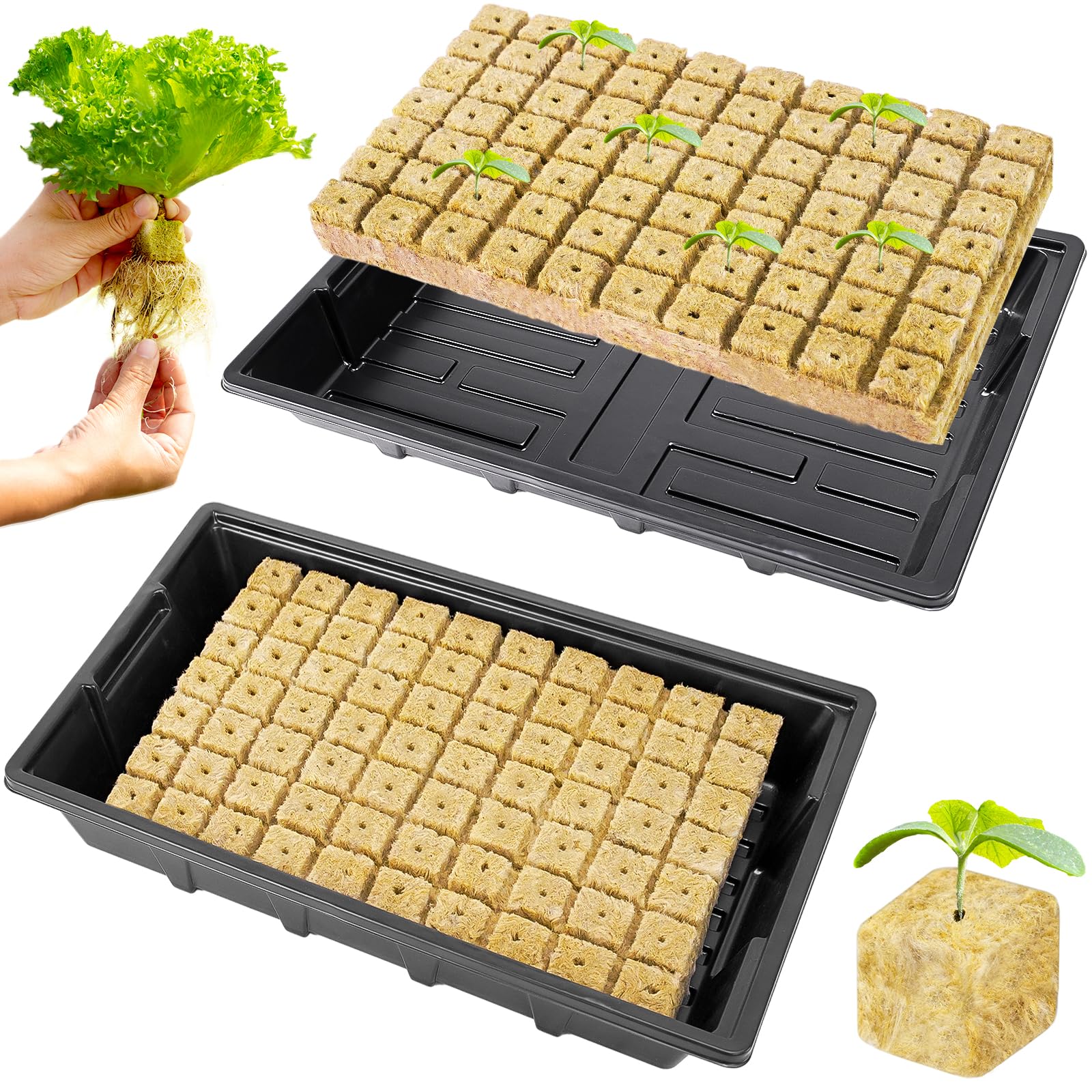 1" Rockwool Cubes for Hydroponics - 2 Sheets Garden Stonewool Grow Cubes Ideal for Clone Plant, Starting Seed, Cuttings Propagation, Total 140 Rapid Rooter Plugs and 2 Seedling Starter Trays