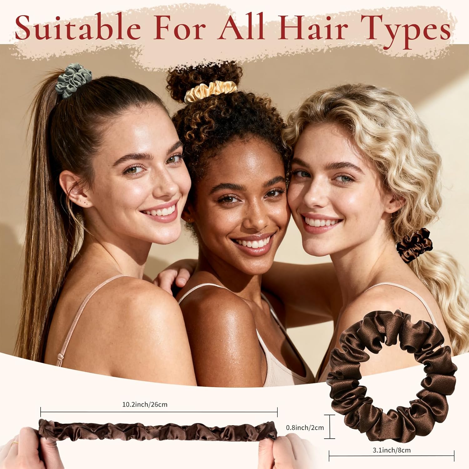 Silk Hair Ties 6A 100% Mulberry Silk Scrunchies 22 Momme Small Sleep Ties and No Damage No Crease for Women Girls Curly Thick Thin Hair, Sample Fabric Provided (Black*2 & Brown*2 & Ligh brown*2)