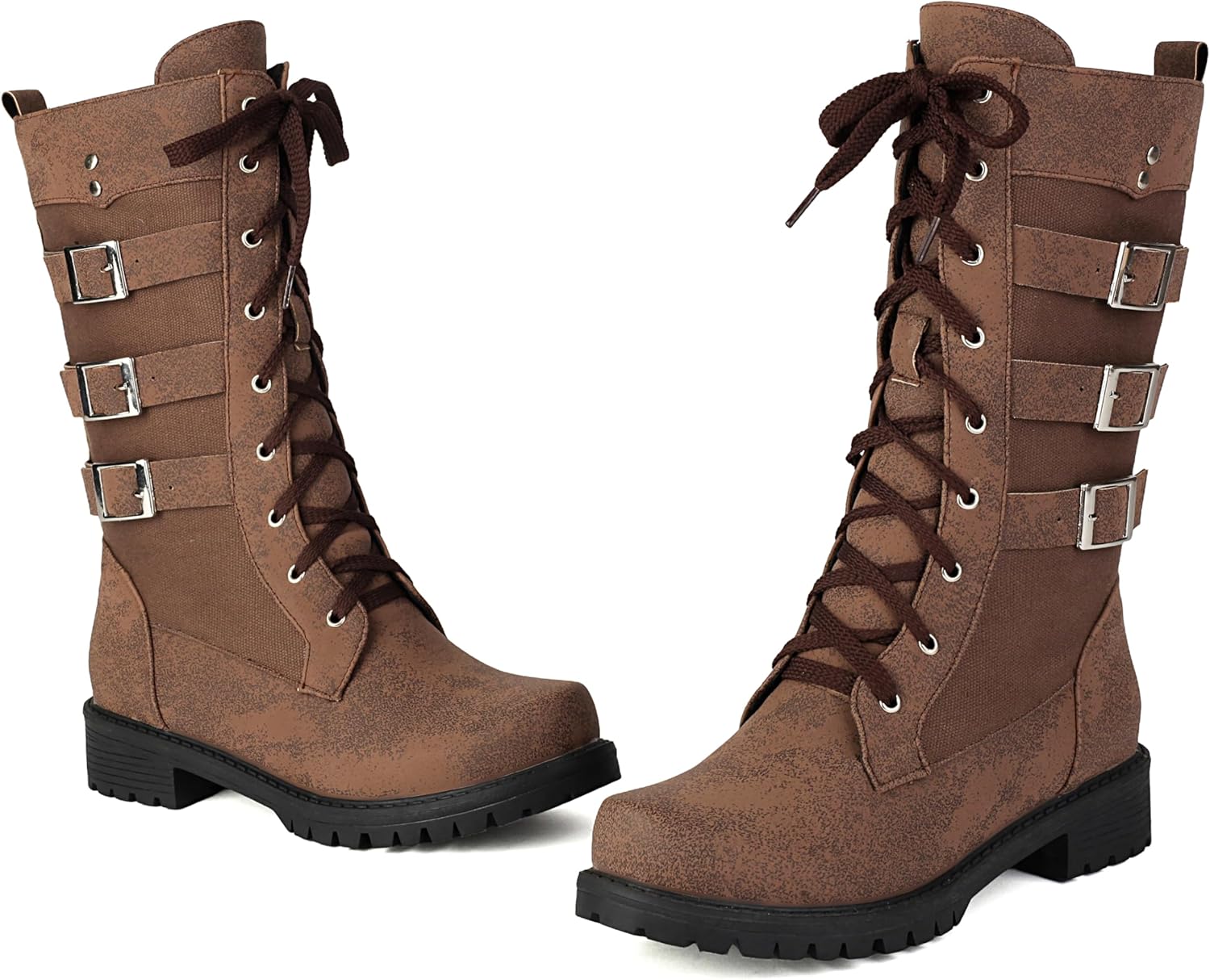 BEAUPAS Women's Combat Boots with Triple Buckle Straps Flat Mid Calf Lace Up Goth Boots