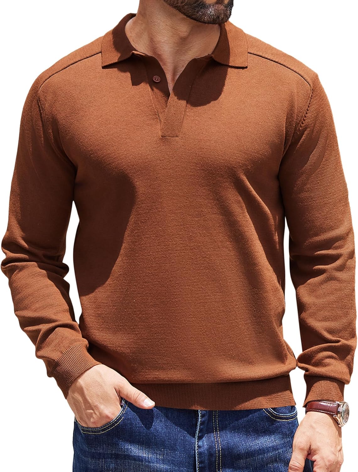 COOFANDY Mens Knit Polo Sweater Long Sleeve Polo Collared Sweaters Hidden Button Casual Pullover Sweater